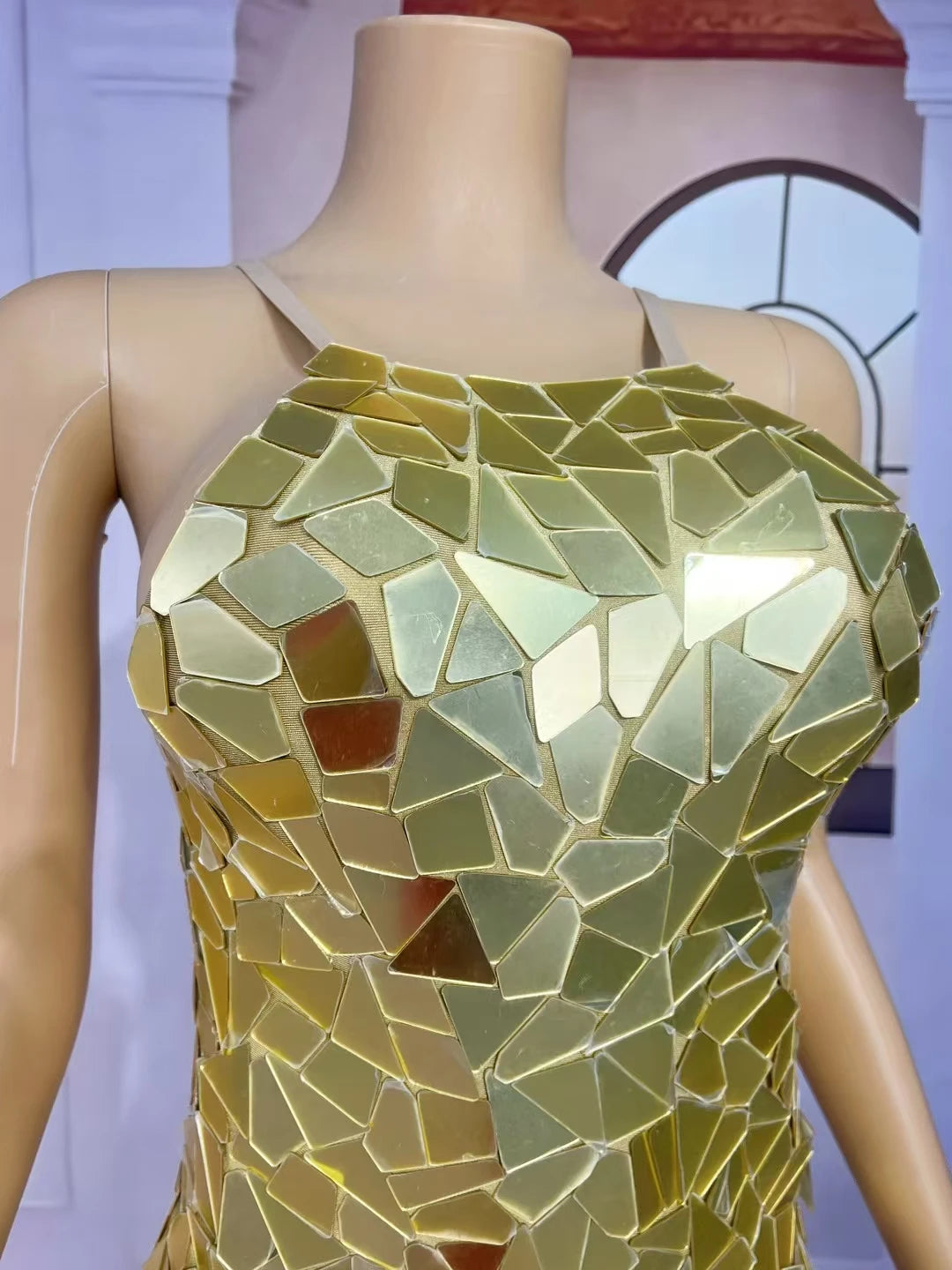 Sparkly Golden Sequins Strap Mini Dress for Women Birthday Celebrate Party Bodycon Dress Club Stage Show Dress Chajianjingpian