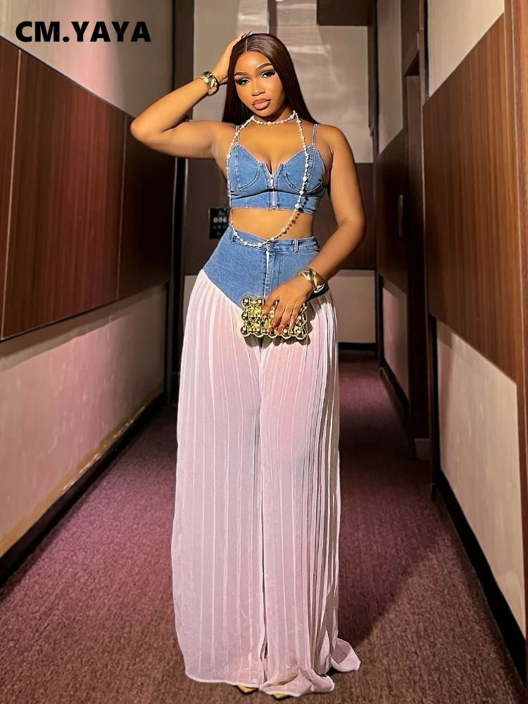 Fashion Denim Chiffon Women's Set Strapless Crop Top and Jeans Pants Suits 2025 Sexy Party Club Two 2 Piece Set Outfits