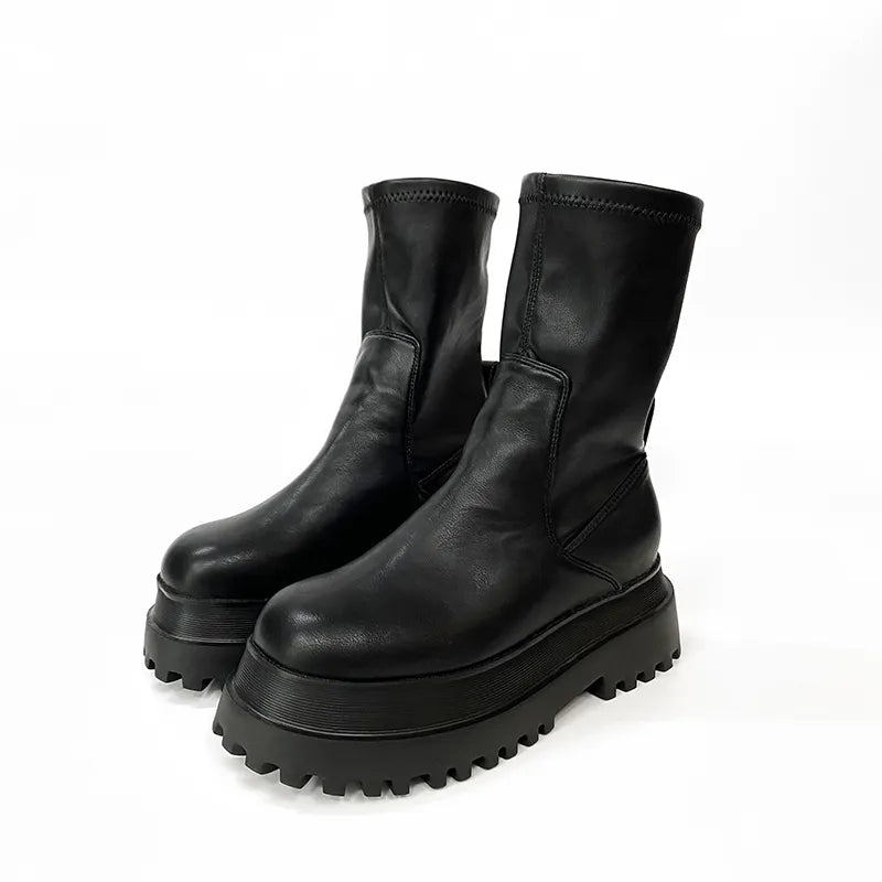 Winter Chunky Platform Heels Long Boots Round Toe Zipper Thick Sole Ladies Fashion Winter Women's Knee High Boots Black short