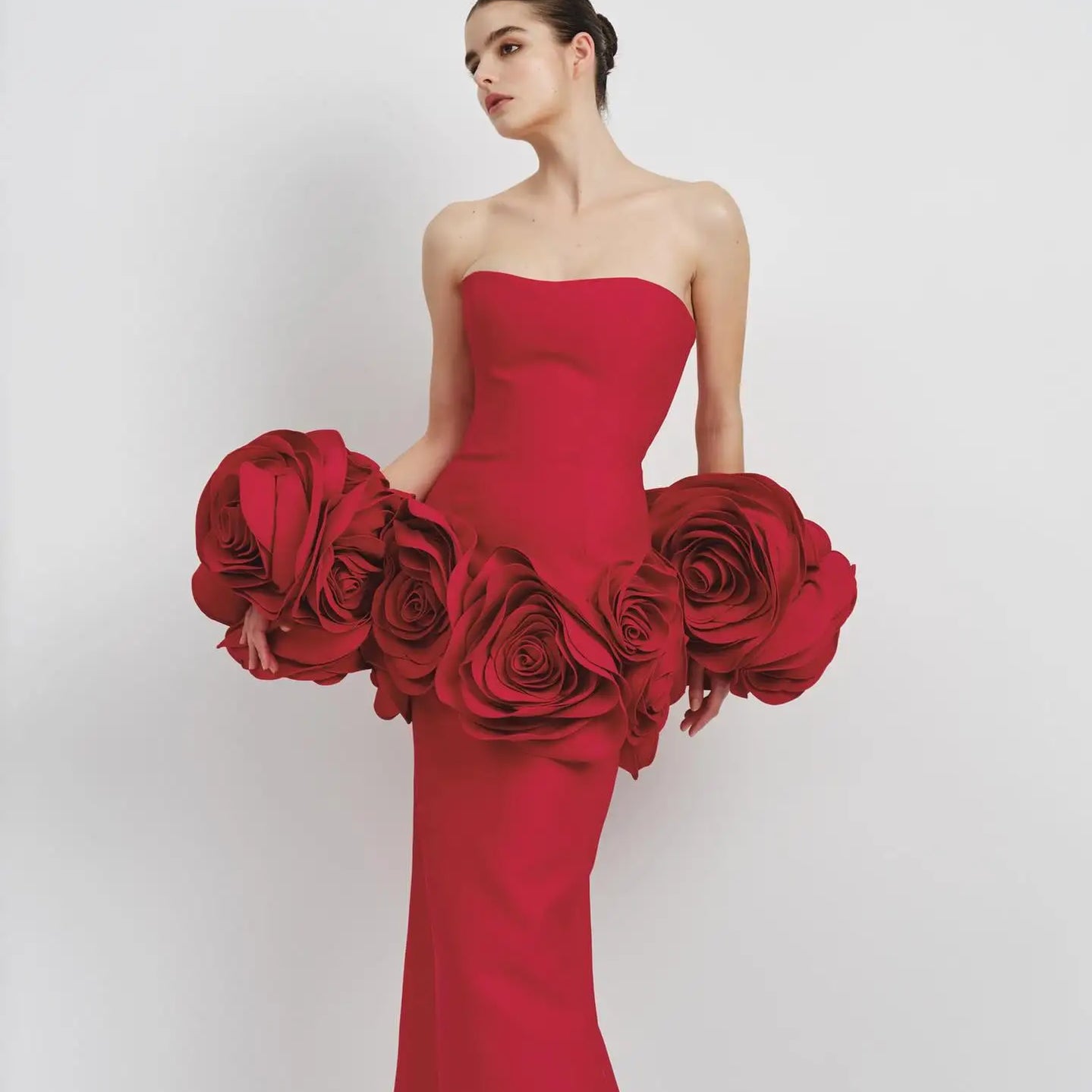 2025 Stereoscopic Flowers Strapless Bandage Ankle Length Evening Dress Fashion Woman Birthday Party Dress Celebrity Party Outfit Red