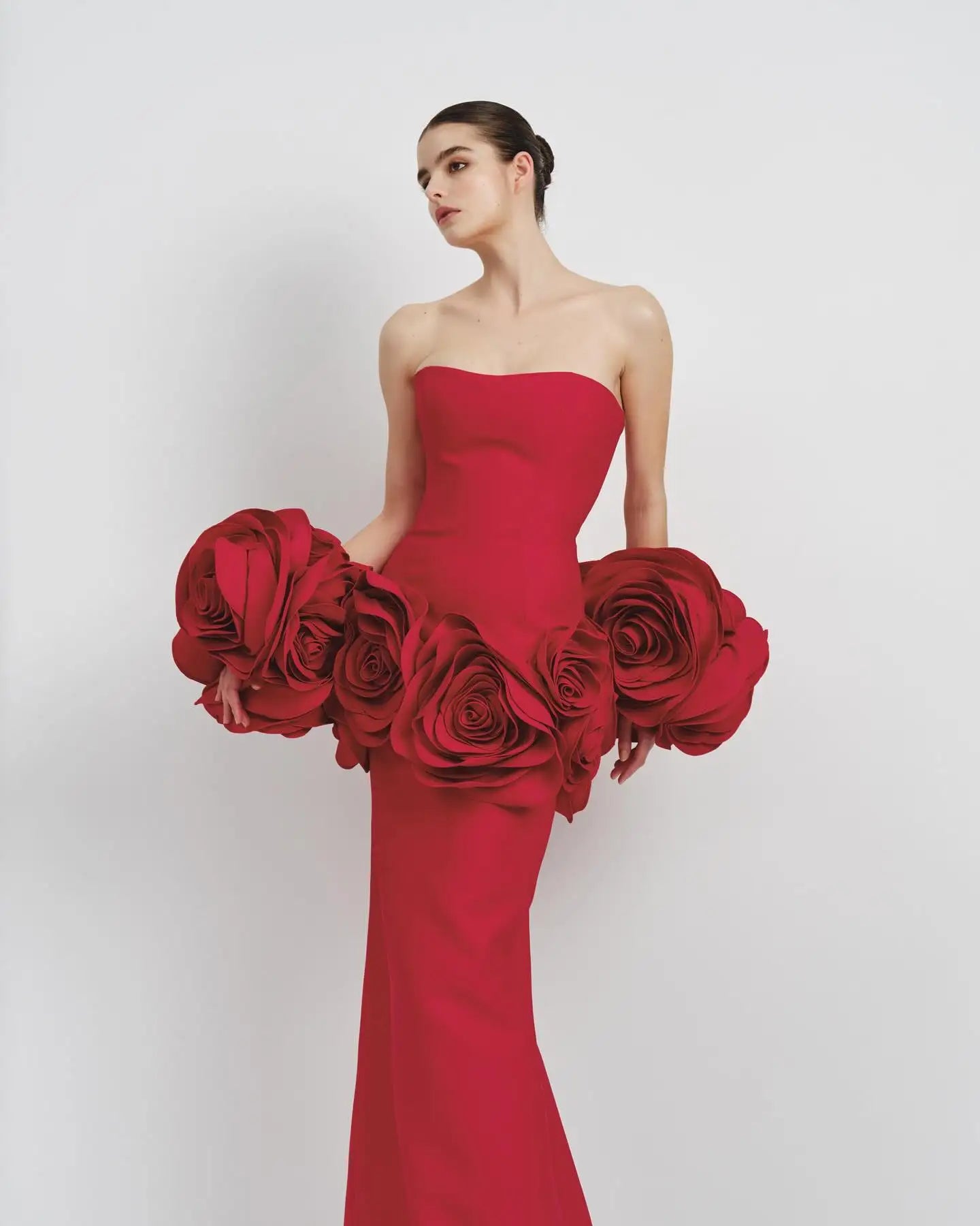 2025 Stereoscopic Flowers Strapless Bandage Ankle Length Evening Dress Fashion Woman Birthday Party Dress Celebrity Party Outfit Red