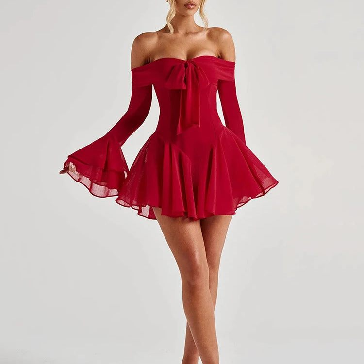 Mozision Strapless Long Flare Sleeve Sexy Mini Dress For Women Robe Off-shoulder Backless High Waist A-line Club Party Dress