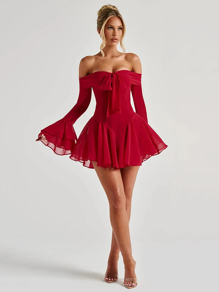 Mozision Strapless Long Flare Sleeve Sexy Mini Dress For Women Robe Off-shoulder Backless High Waist A-line Club Party Dress