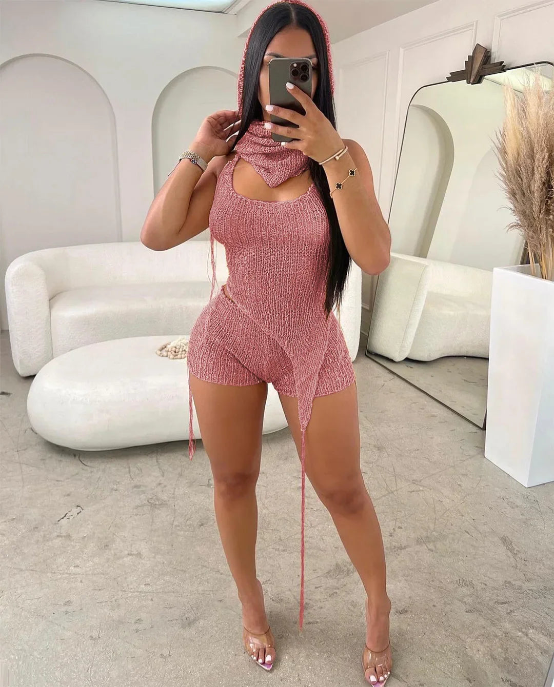 Knit Ribbed Women's Set Halter Neck Backless Crop Top with Hat Shorts Suit 2023 Summer Two 2 Piece Set Outfit Tracksuit Pink