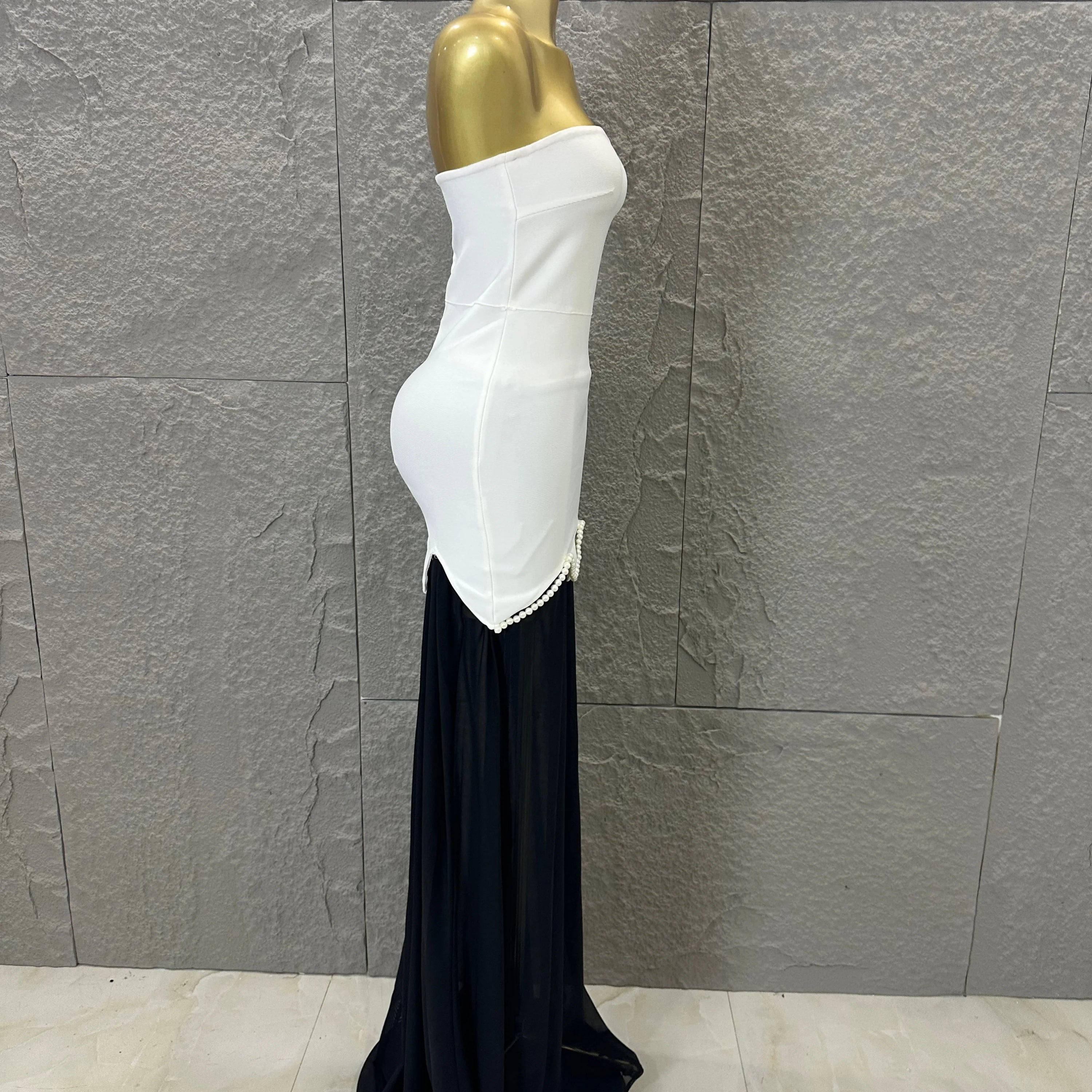 Sexy Black White Maxi Dress Women Sexy Strapless Pearl Embellished Sheer Tulle Bodycon Outfit Formal Event Evening Party Costume
