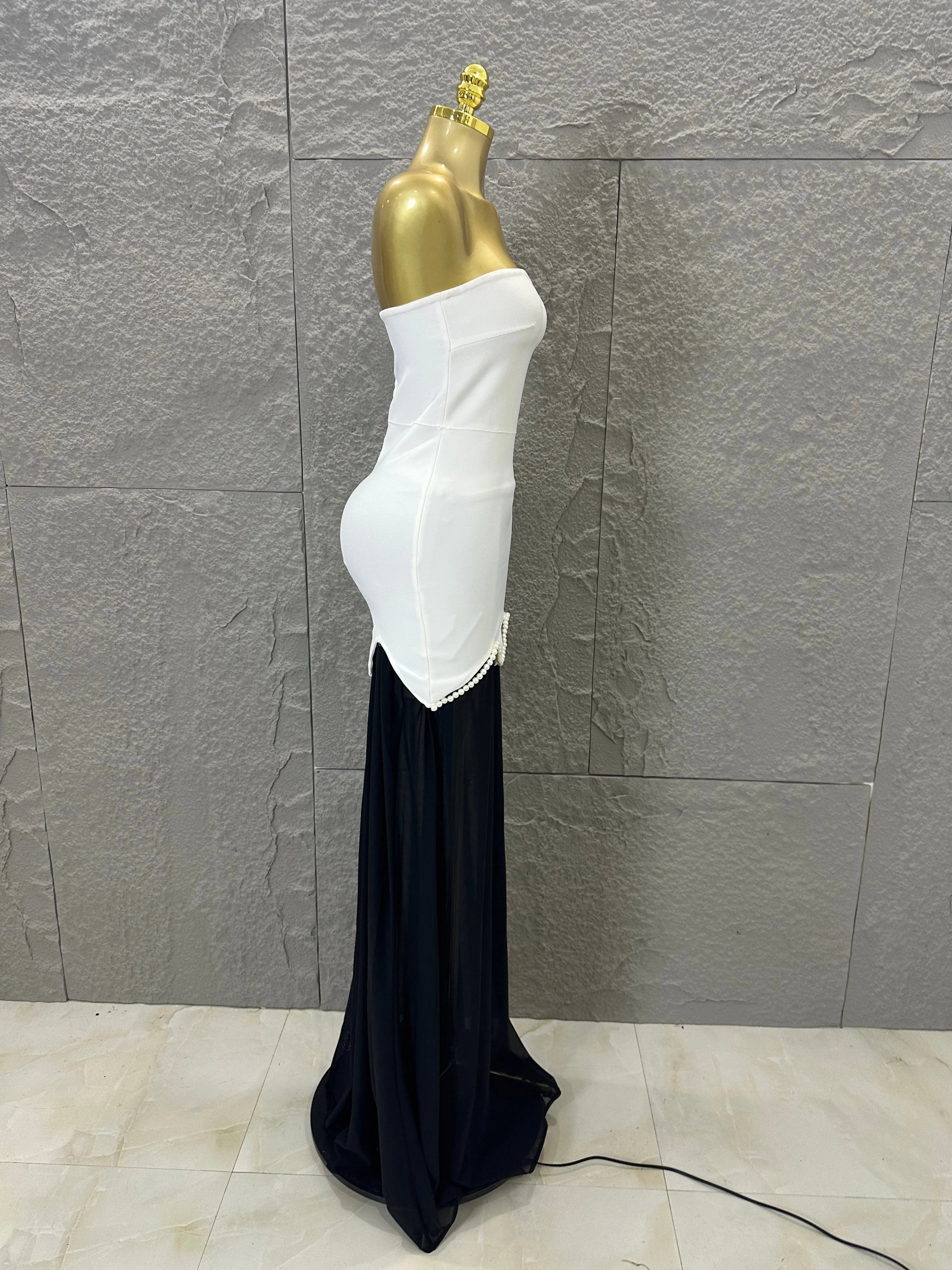 Sexy Black White Maxi Dress Women Sexy Strapless Pearl Embellished Sheer Tulle Bodycon Outfit Formal Event Evening Party Costume