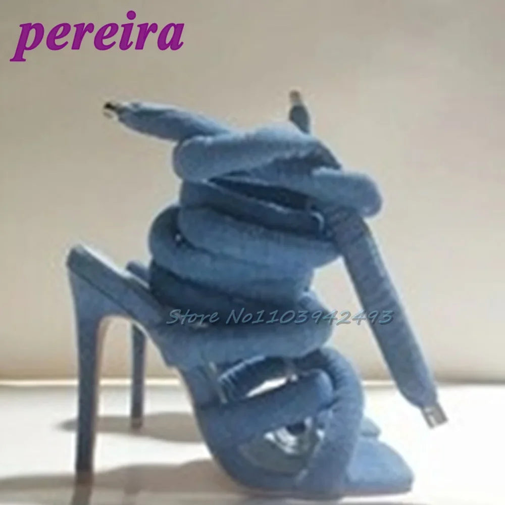 Silver Gladiator Heels Square Toe Ankle Strap Heeled Sandals Roman Style Stiletto Designer Women Shoes Summer Sandalias De Mujer Dark blue