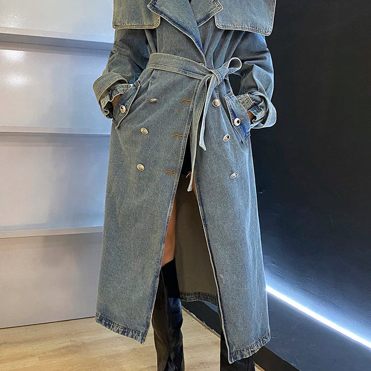 DEAT Fashion Women's Denim Jackets Loose Big Double Layer Collar Single Breasted Long Sleeve Sashes Coat Winter New 17A4709