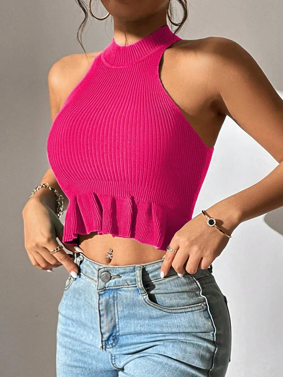 Spring Summer Women Sleeveless Ruffle Hem Crop Knit Top Femme Coquette Casual Knitwear Corset Tank Tops Clothes Rose One Size
