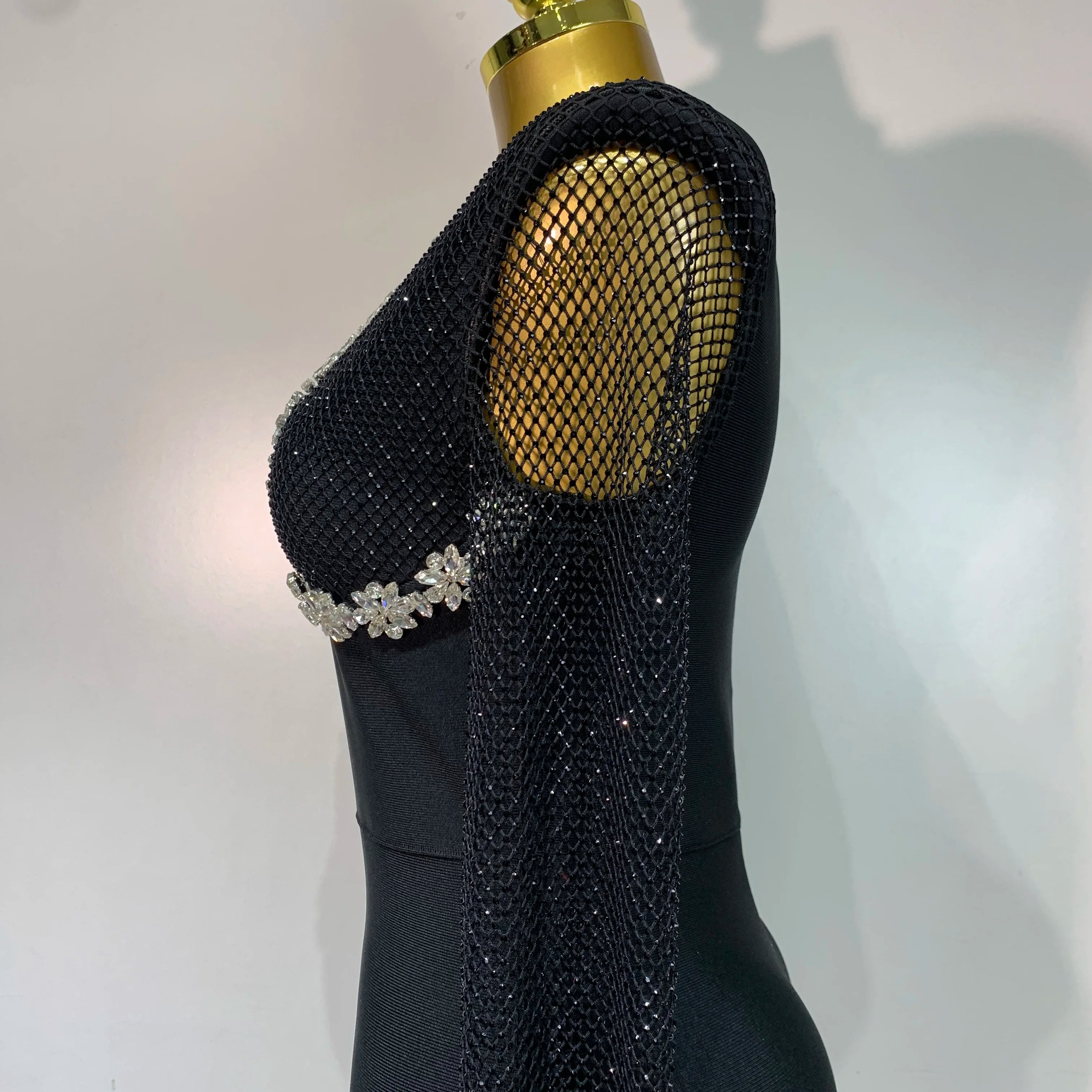 Women Sexy Long Sleeve Beading Black Maxi Long Bandage Dresses Birthday Party Celebrity Elegant Knitted Bodycon Club Dress