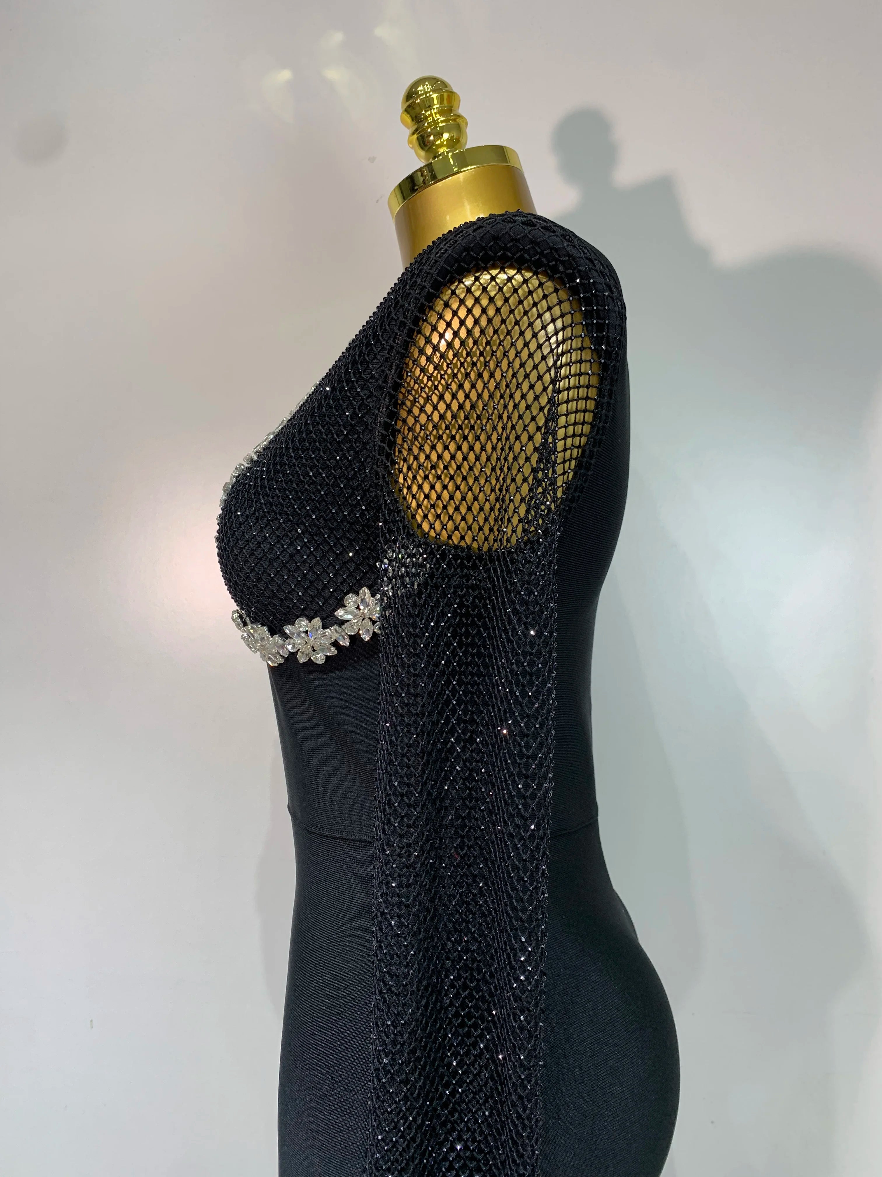 Women Sexy Long Sleeve Beading Black Maxi Long Bandage Dresses Birthday Party Celebrity Elegant Knitted Bodycon Club Dress