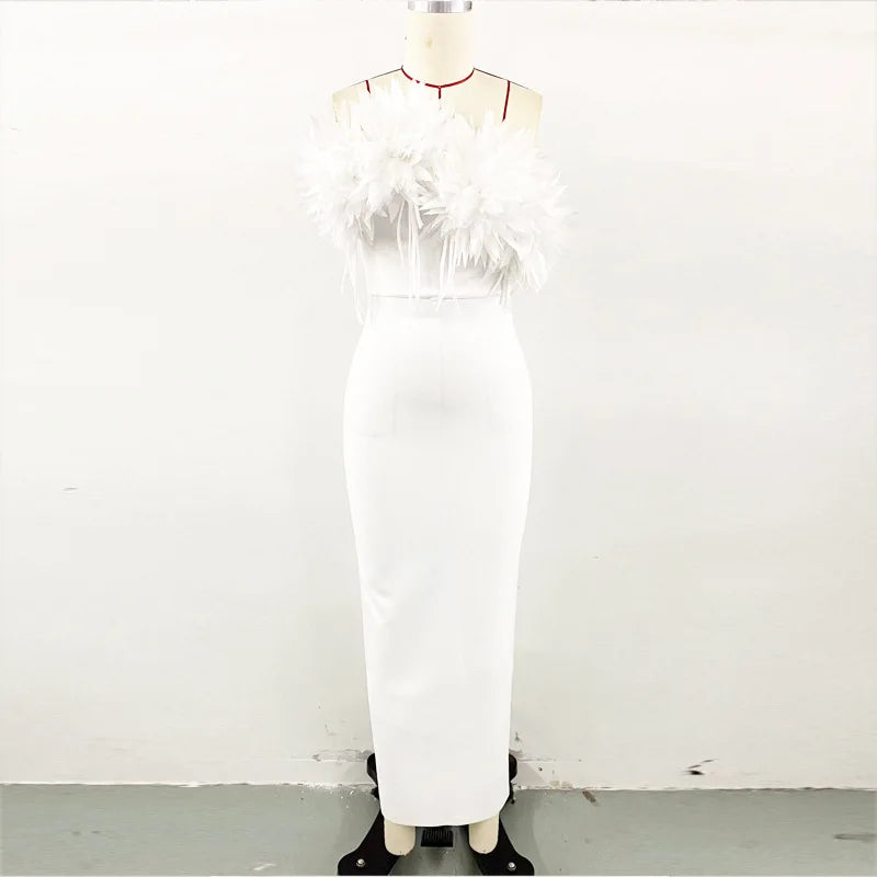 White Red Women Sexy Strapless Feathers Bodycon Long Bandage Dress Celebrate Evening Party Vacation Birthday Outfit WHITE