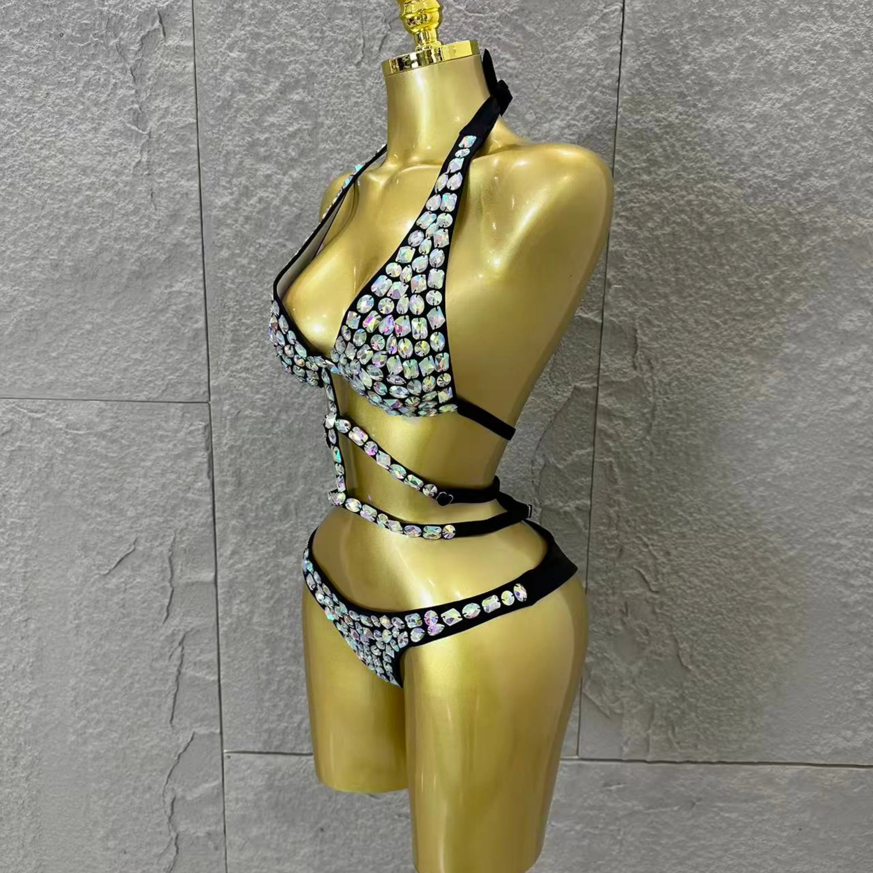 Women Sexy Halter Neck Iridescent Crystal Embellished Cutout Outfit Stage Performance Costume 2026 Luxurious Black Bodysuit