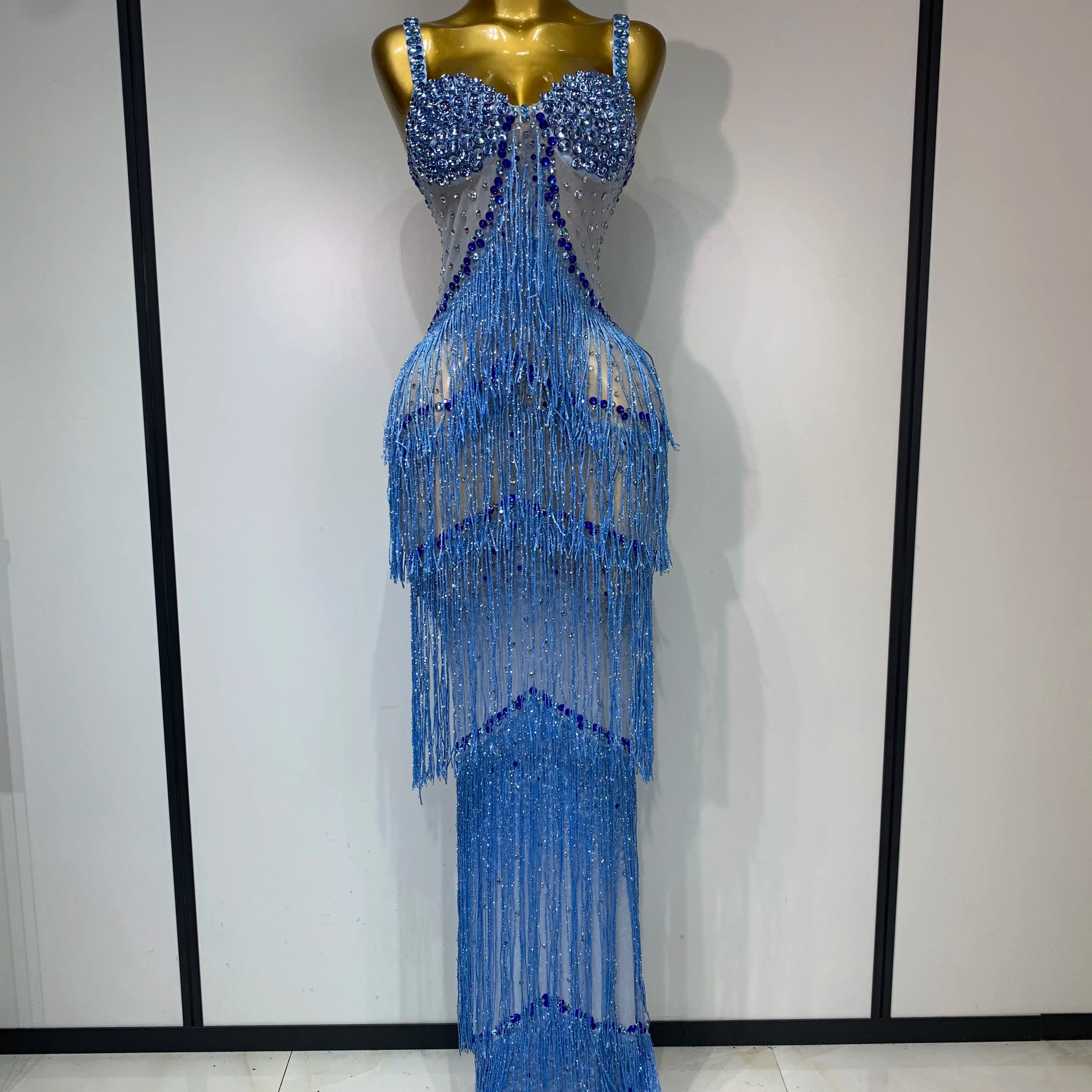 Sparkly Rhinestones Fringes Maxi Long Dress Women Sexy Transparent Elagant Evening Party Birthday Dress Photo Shoot Outfit SKY BLUE