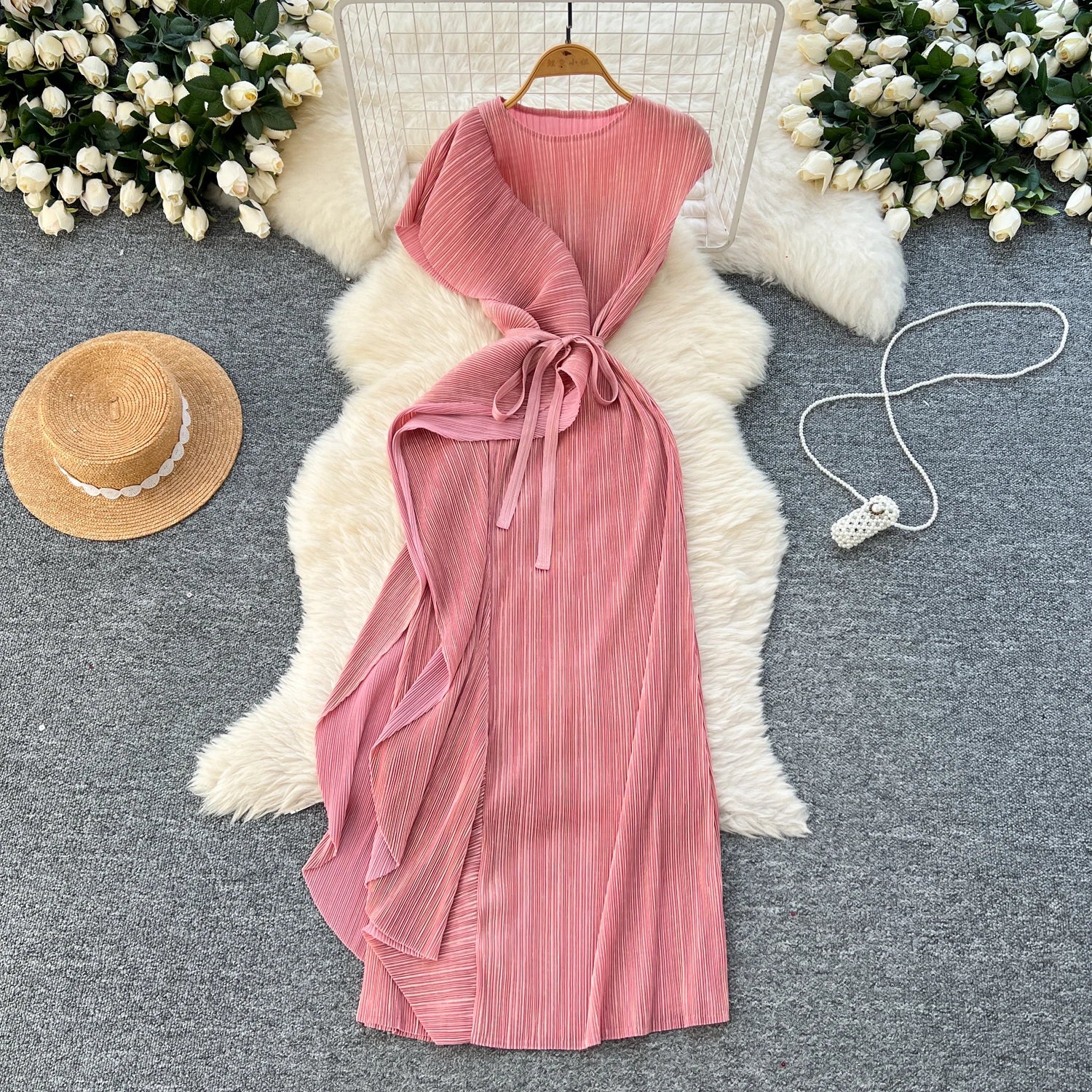 Chic asymmetrical sweet Spliced Elegant Korean Fashion Fairy Dresses Sexy High Waist A-line Vestidos Summer Women Vacation Pink One Size