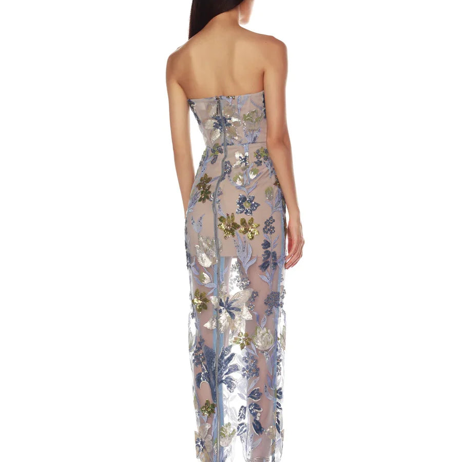 Sequin Flower Embroidery Sexy Mesh See Through Strapless Ankle Length Dress Woman Evening Party Dress Celebrity Cocktail Vestido