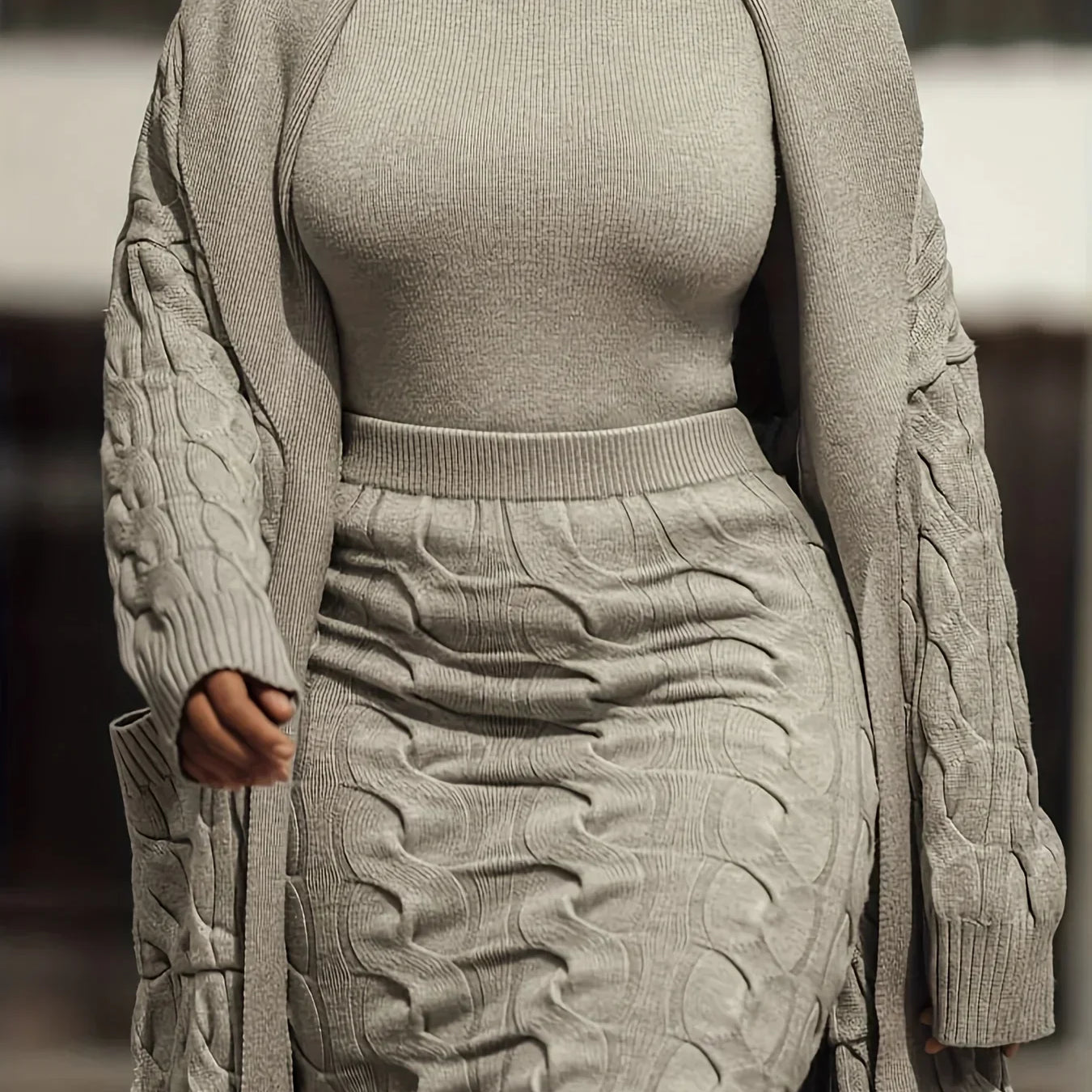Winter Chic Three-Piece Knit Set Women Open Front Pocketed Cardigan Sleek Turtleneck Sweater With High-Waist Skirt Perfect