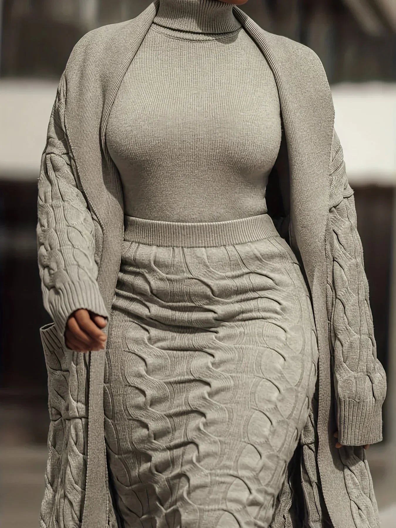 Winter Chic Three-Piece Knit Set Women Open Front Pocketed Cardigan Sleek Turtleneck Sweater With High-Waist Skirt Perfect