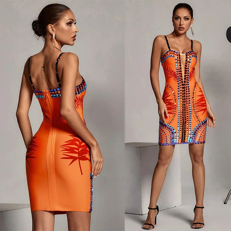 Orange Luxury Beaded Bandage Dress Women Sexy Mesh Strap Printed Party Evening Dresses Fashion Elegant Bodycon Outfit BA163