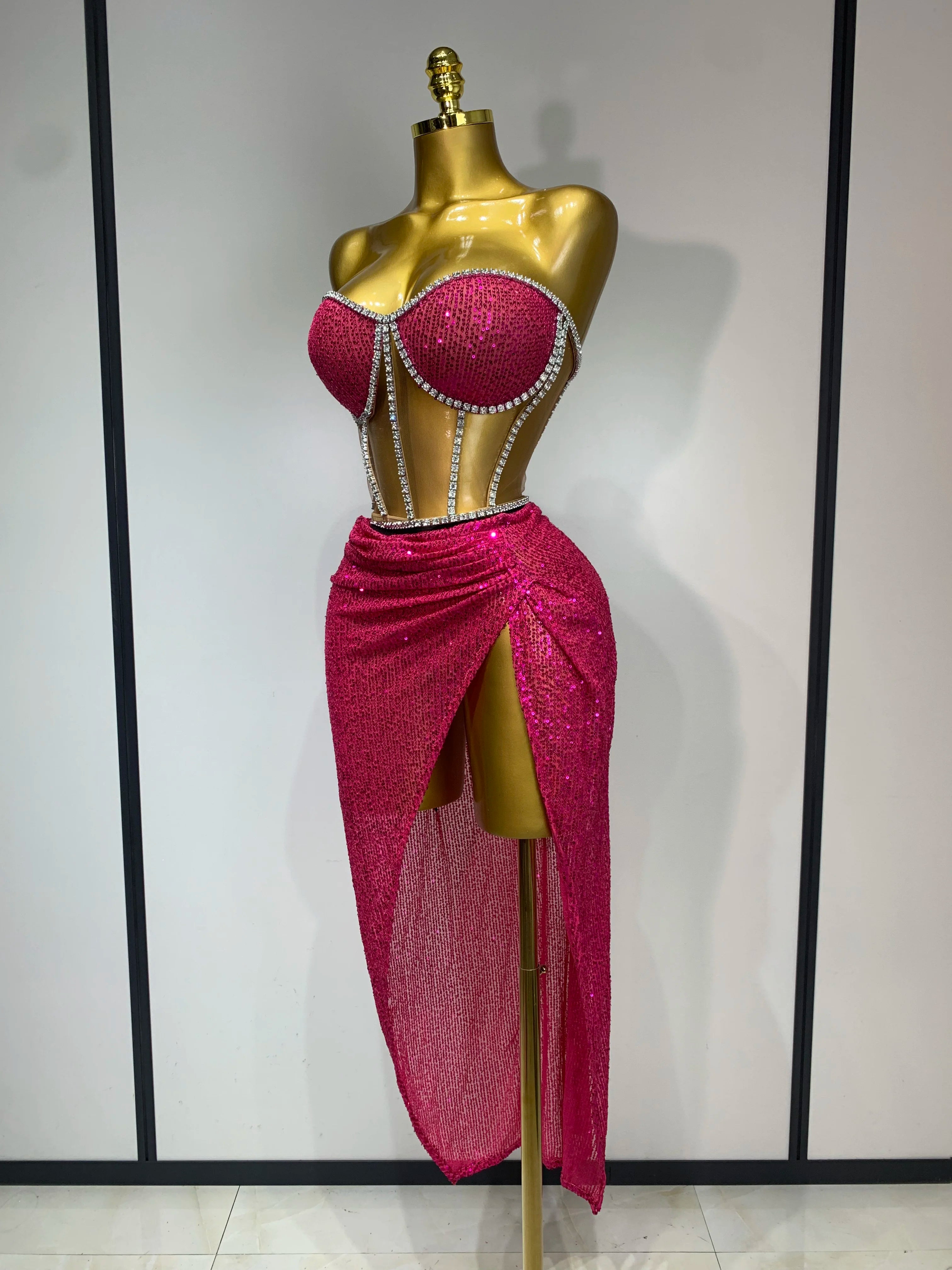 Women Sparkly Rhinestones Sequins Sexy Mesh Two Piece Set Evening Birthday Party Dress Nightclub Stage Performance Costumes