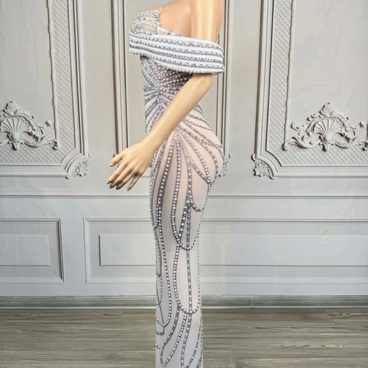 High-end Luxury Pearls Elegant Evening Gown Sheer Mesh Tight Fitting Long Dress Festival Prom Outfit Club Wear Party Dress Moli