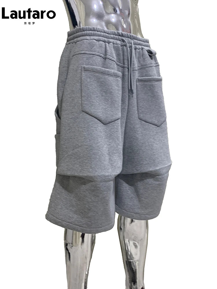 Nerazzurri Summer Autumn Loose Casual Soft Grey Shorts for Men Drawstring Elastic Waist Pockets Knee Length Sweatpants Clothes Light gray