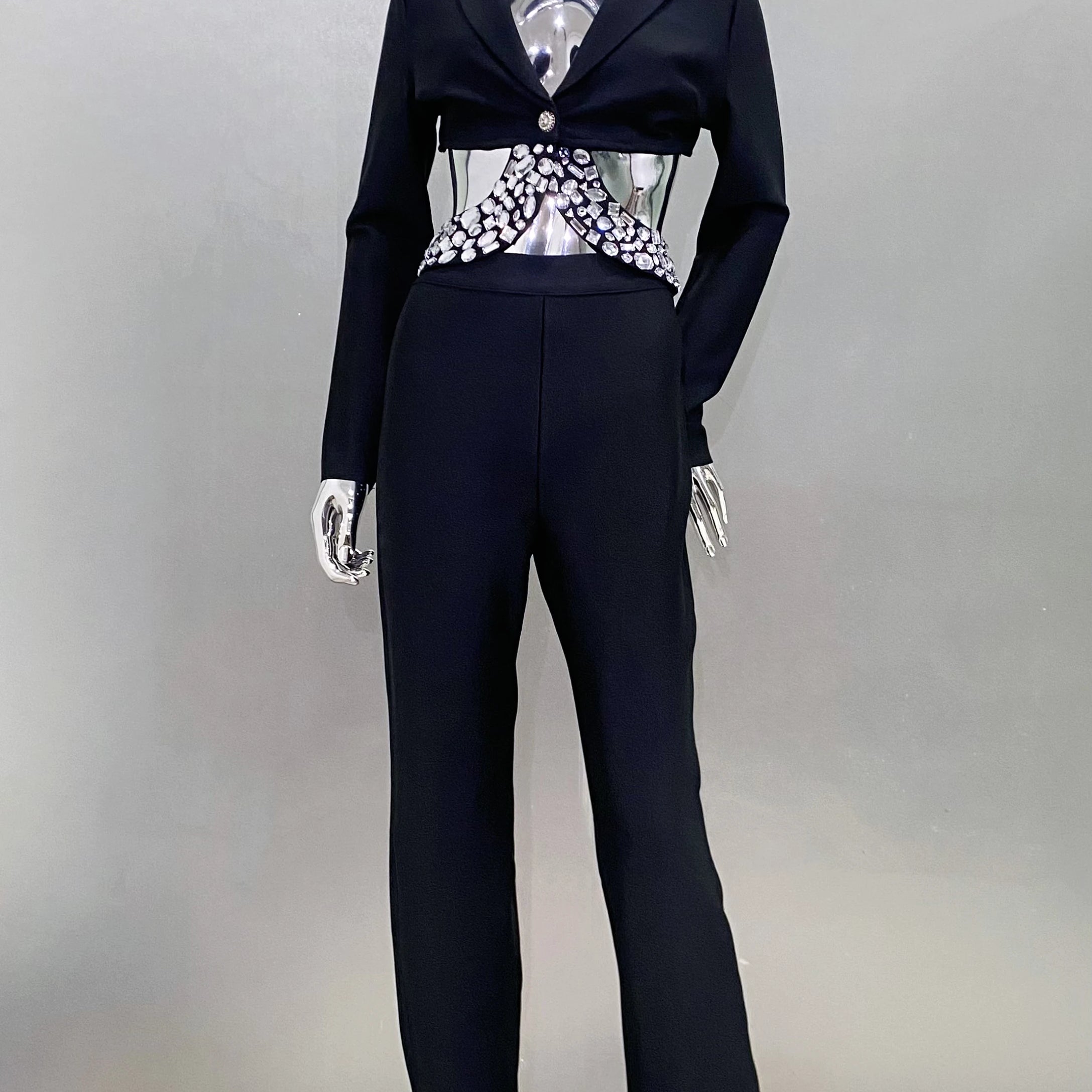 2024 Black White Women Long Sleeve Sexy V-Neck Bodycon Bandage Set Shinning Crystal Nightclub Party Women's Set black