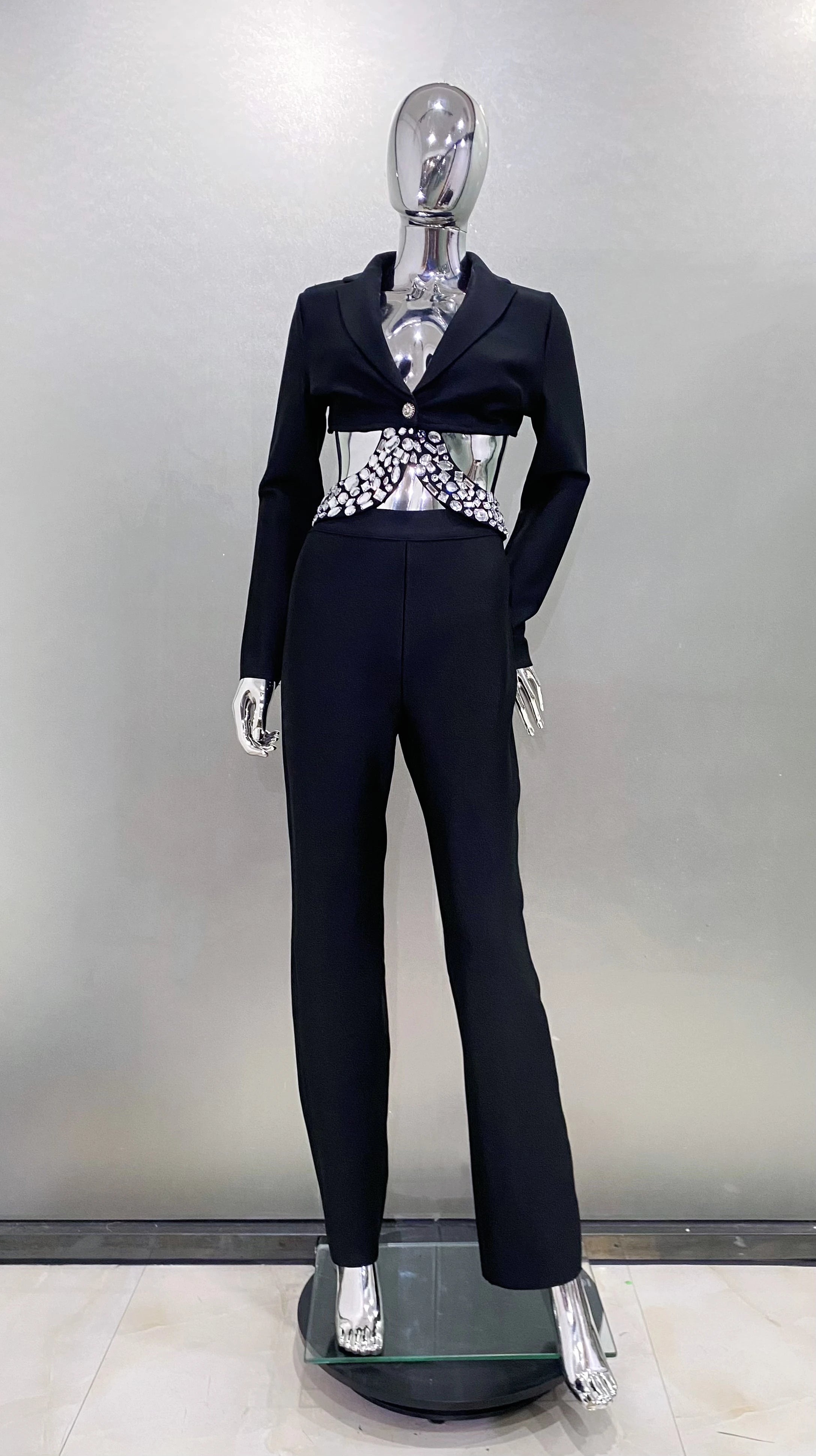 2024 Black White Women Long Sleeve Sexy V-Neck Bodycon Bandage Set Shinning Crystal Nightclub Party Women's Set black