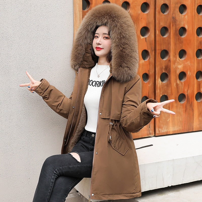 Women Parka Fashion Long Coat Wool Liner Hooded Parkas 2022 New Winter Jacket Slim with Fur Collar Warm Snow Wear Padded Clothes Coffee