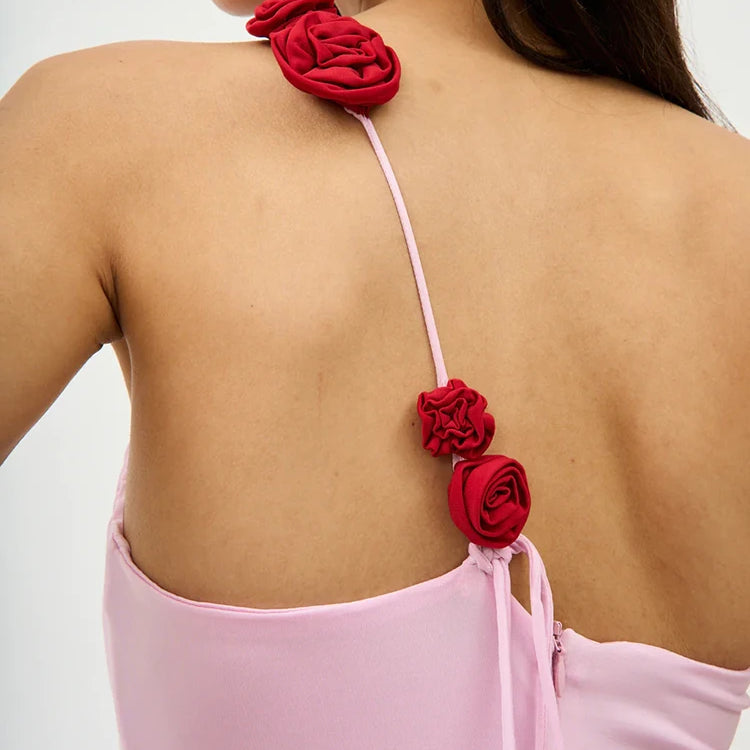 Women'S Pink Dress Elegant And Pretty Maxi Gown 3D Flower Design Diagonal Collar Sleeveless Formal Party Vestidos