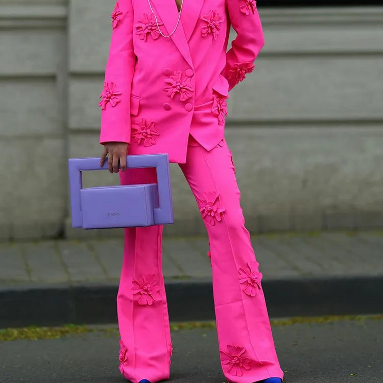 Solid Patchwork Appliques Two Piece Sets For Women Lapel Long Sleeve Coat High Waist Pant Chic Set Female Clothing