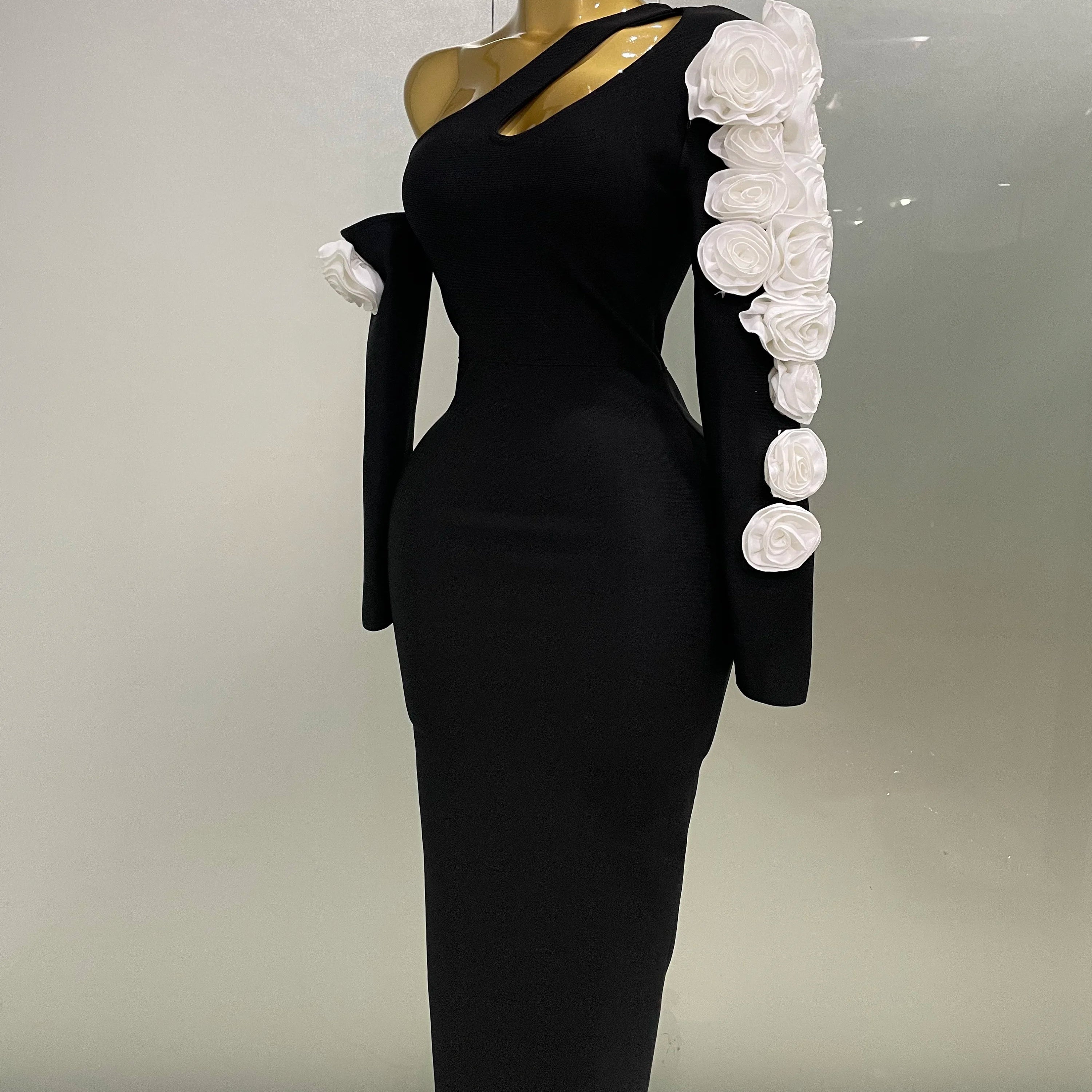 2025 New Sexy One Shoulder Key Hole Flower Maxi Long Bodycon Bandage Dress Women Knitted Elegant Evening Club Party Outfit