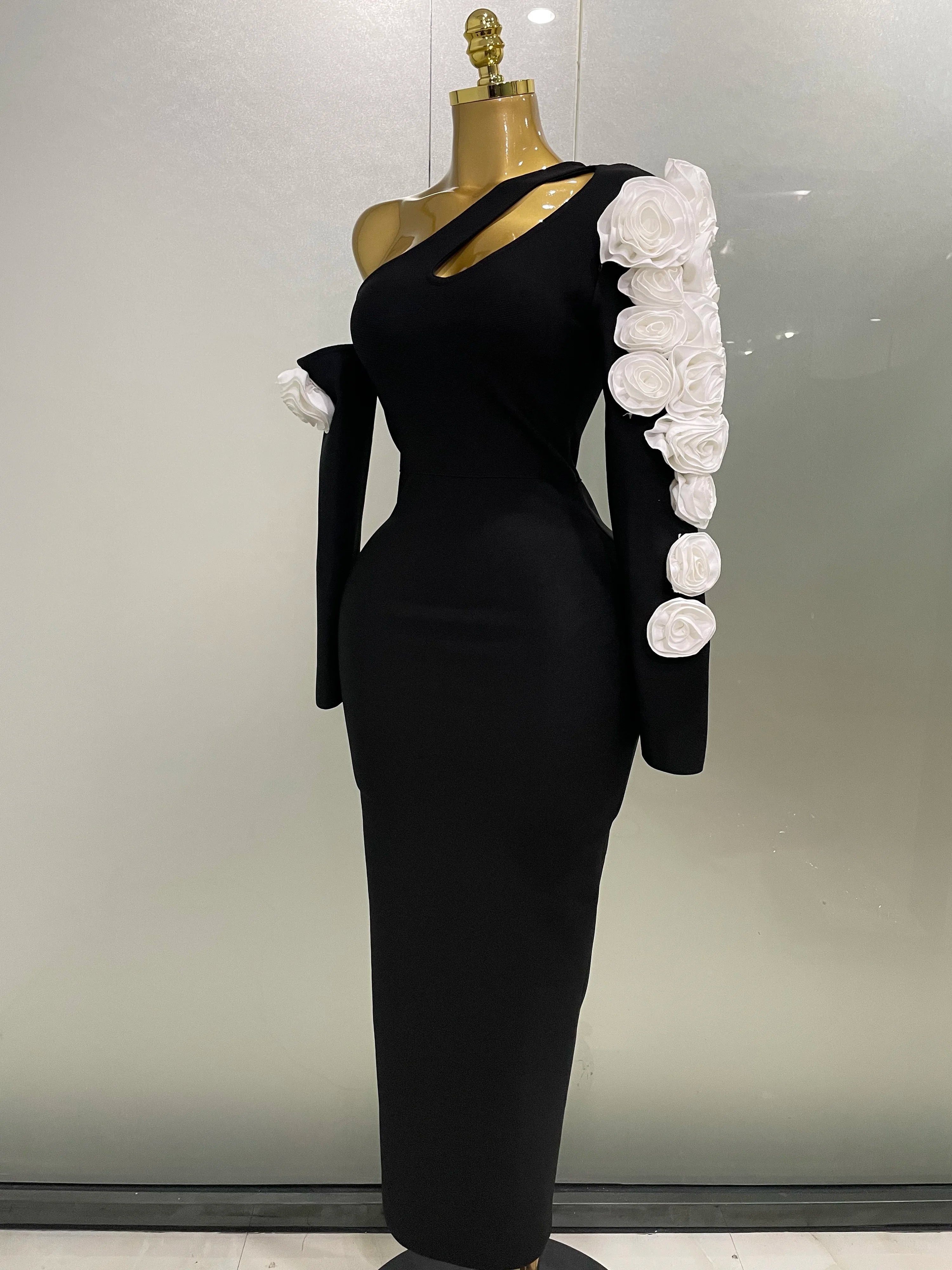 2025 New Sexy One Shoulder Key Hole Flower Maxi Long Bodycon Bandage Dress Women Knitted Elegant Evening Club Party Outfit