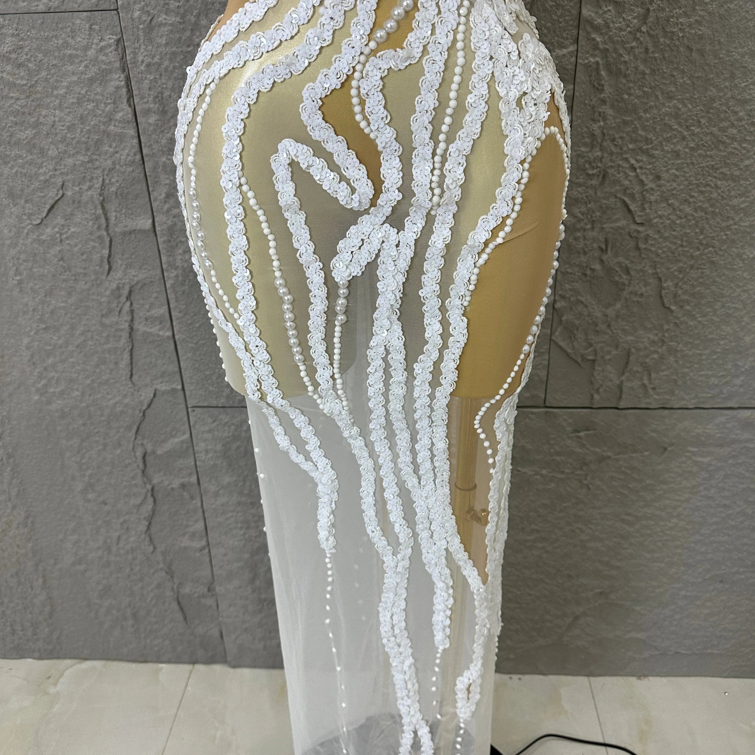Sequined White Sheer Mesh Maxi Dress Women Sexy High Neck Pearl Lace Bodycon Cocktail Nightclub Evening Gala Party Costume