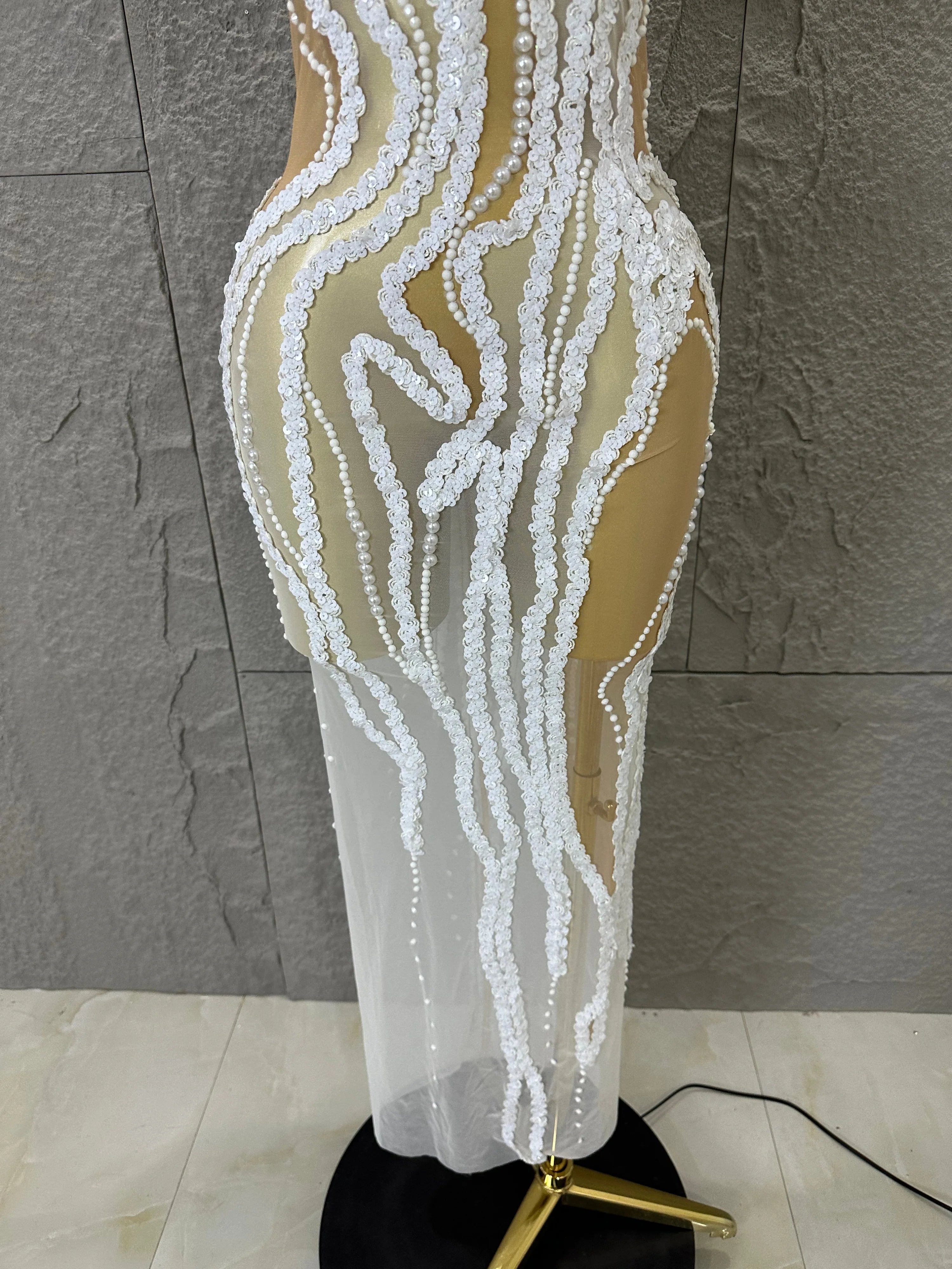 Sequined White Sheer Mesh Maxi Dress Women Sexy High Neck Pearl Lace Bodycon Cocktail Nightclub Evening Gala Party Costume
