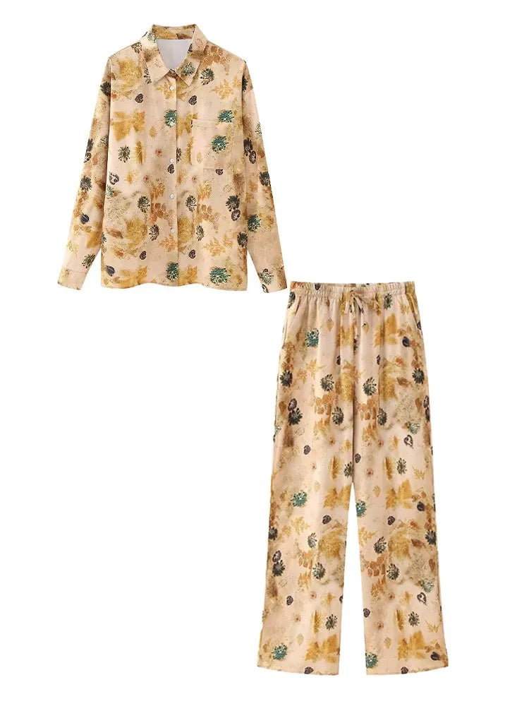 Aonibeier Thin Satin Printed Women Loose Shirt Suits Traf Summer Long Sleeve Casual Blouse Female Wide Pants Sets Y2K Two Piece Sets