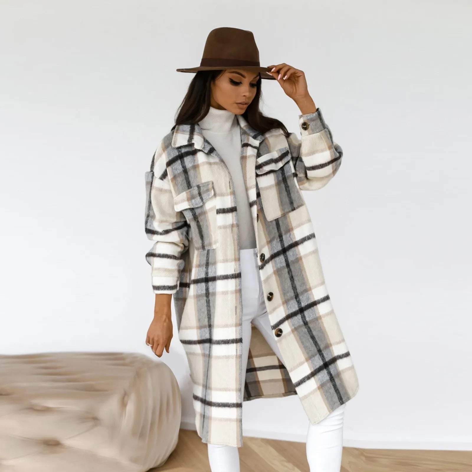Winter Women‘s New Coat Long Sleeve Plaid Print Button Open Front Long Cardigan Outerwear GRAY