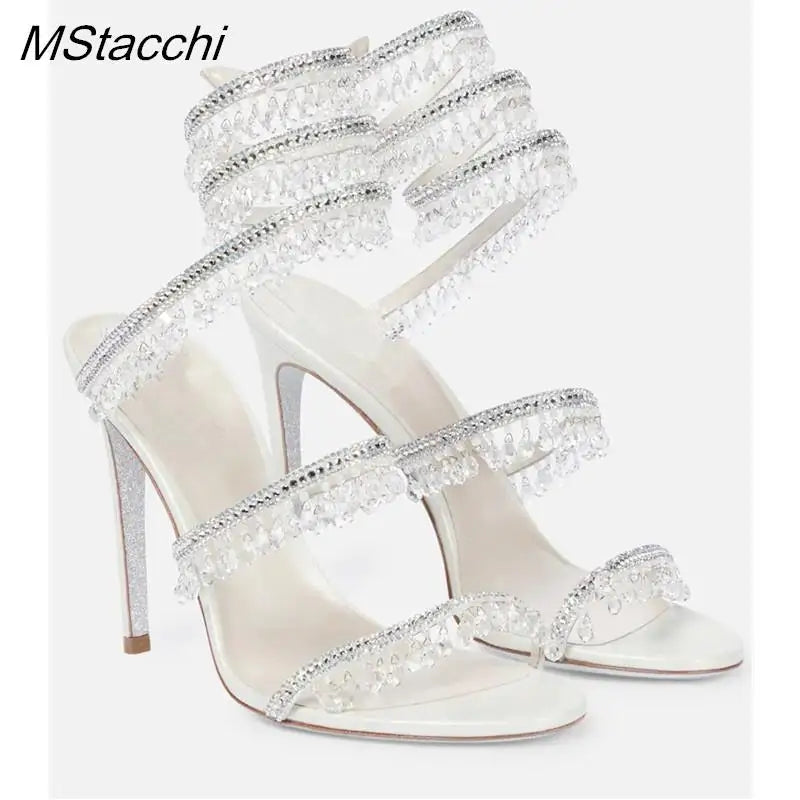 Crystal Wrap Sandals Women Summer 2024 Wedding Shoes High Heel Party Shoes Ankle Strappy Sandals Designer Stiletto Heel Shoes white