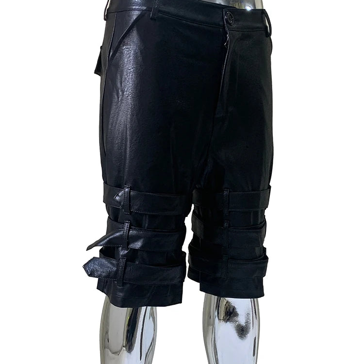 Lautaro Summer Cool Hard Black Pu Leather Shorts for Men with Many Belt High Waist Short Punk Style European Fashion Emo Clothes