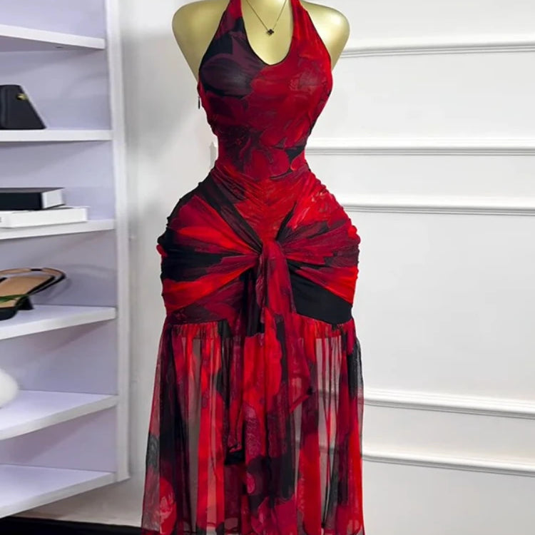 CM.YAYA Women Halter Neck Backless Ruched Stacked Sleeveless Mesh Long Maxi Dress 2025 Birthday Even Sexy Party Dresses Vestidos