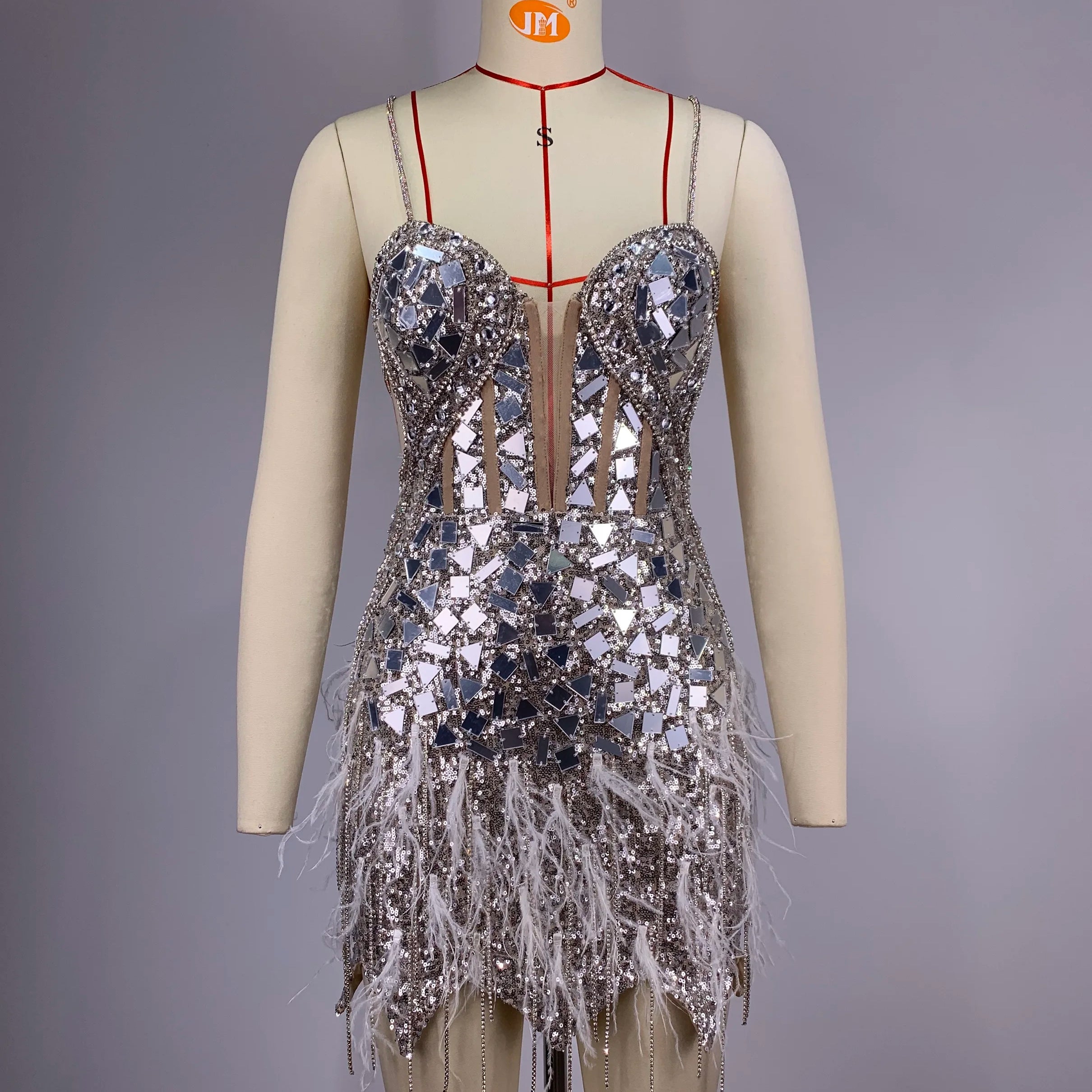 2024 Women Sleeveless Sexy V-Neck Bodycon Mini Dress Feathers Shinning Mirrors Celebrate Birthday Party Outfit