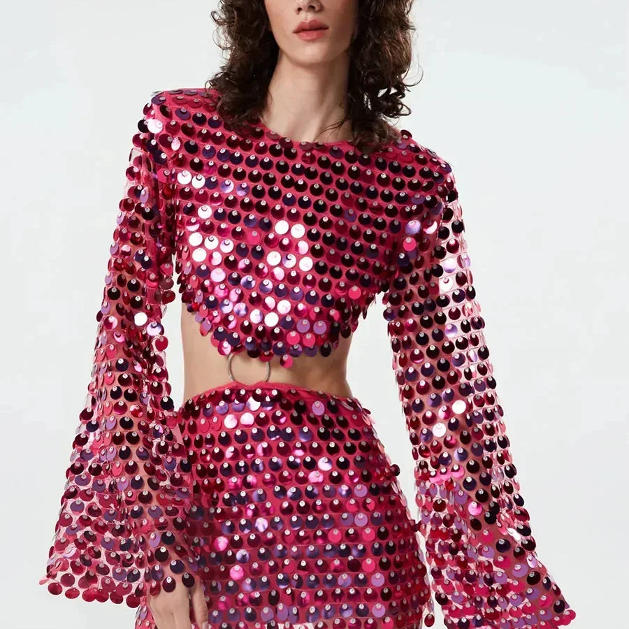 Spring Summer New Dress Women's Fashion Solid Color Sequined Flare Sleeve Dress Women's Sexy O-Neck Irregular Mini Dress Rose Red