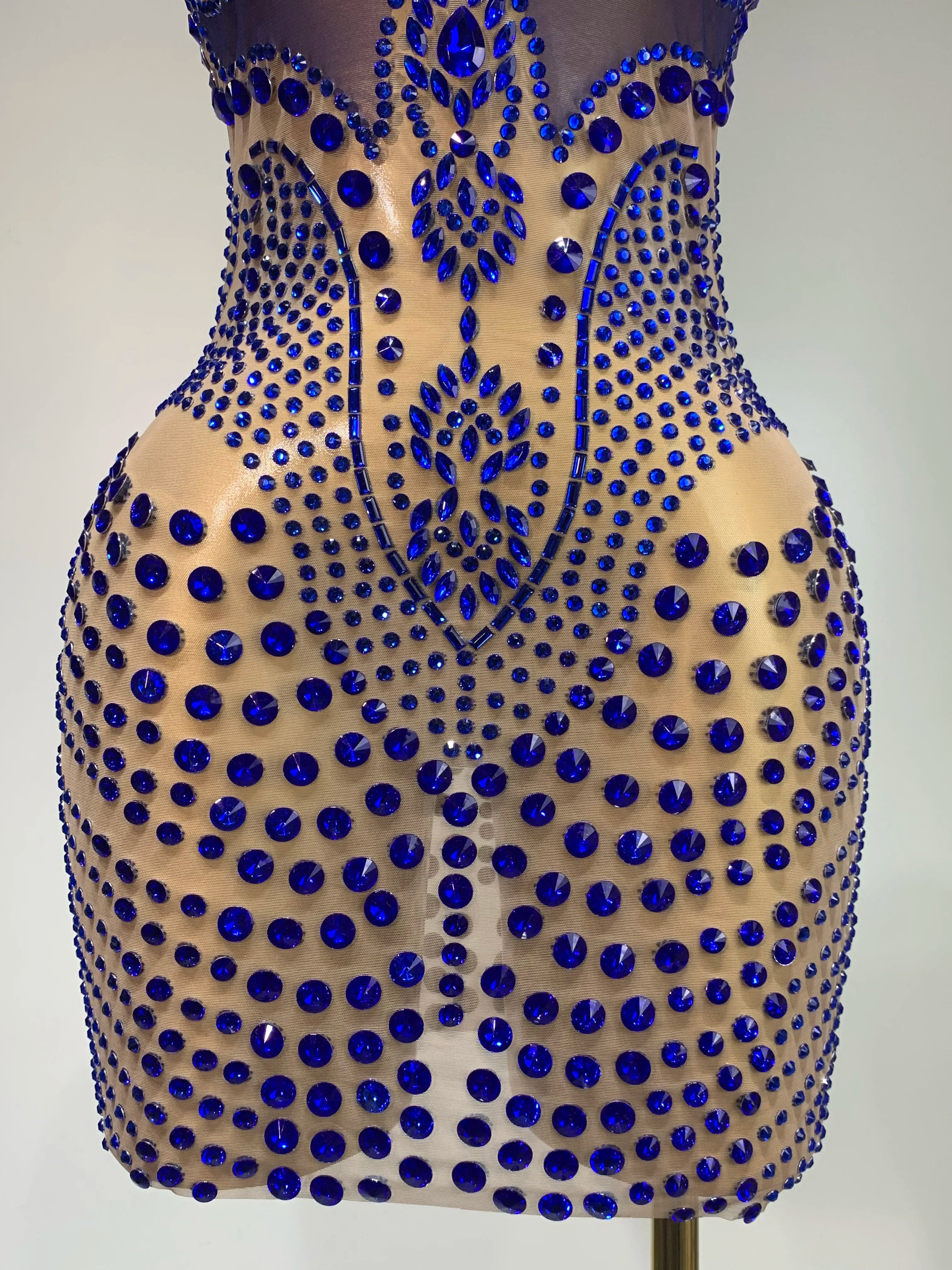 Luxury Birthday Dress Women Rhinestones Sexy Transparent Mesh Mini Dress Evening Party Nightclub Stage Performance Costume