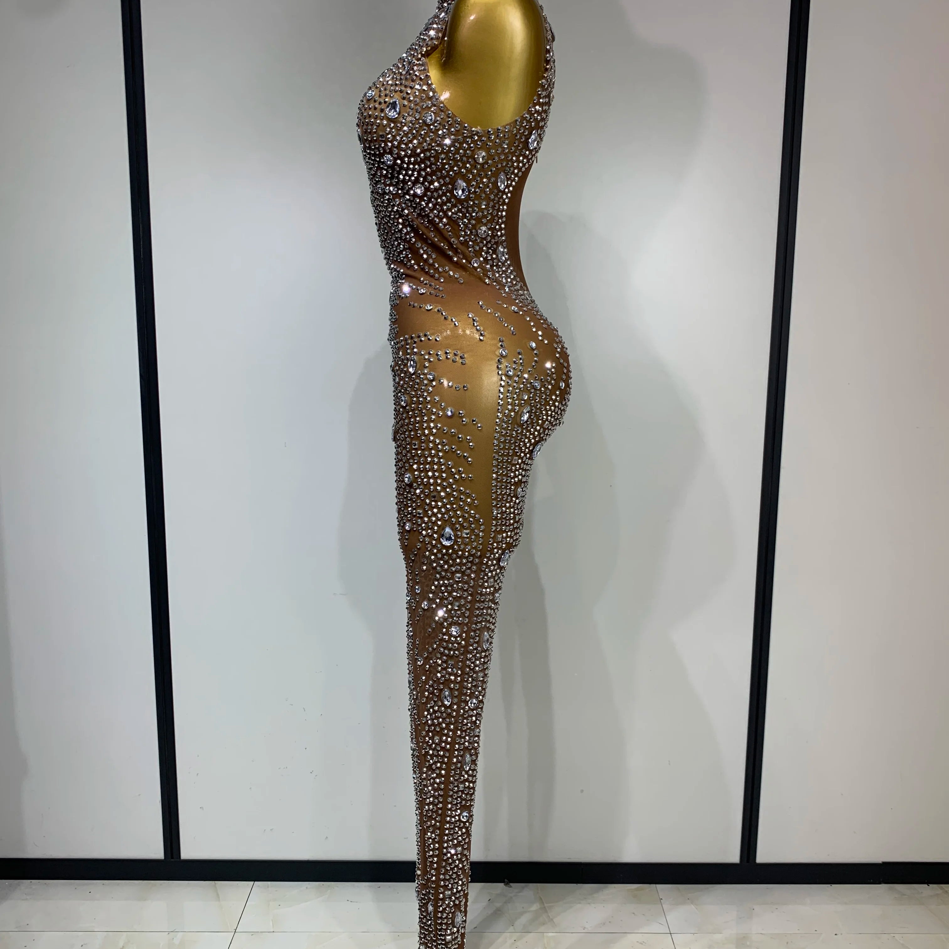 Luxury Rhinestones Jumpsuit Women Sexy Mesh See Through Performance Dance Costume Celebrate Club Birthday Party Stage Outfit