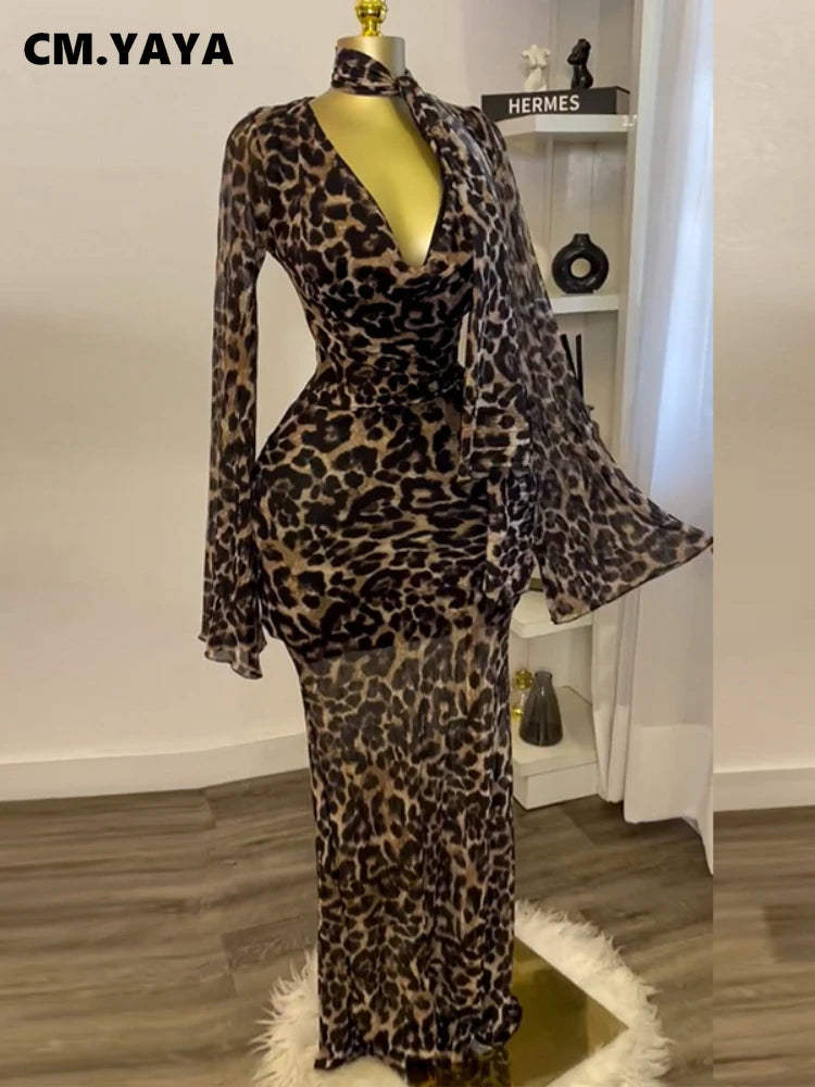Women Full Sleeve Pile Collar leopard print Long Maxi Dress Holiday Beach Birthday Evening Sexy Party Dresses Vestidos