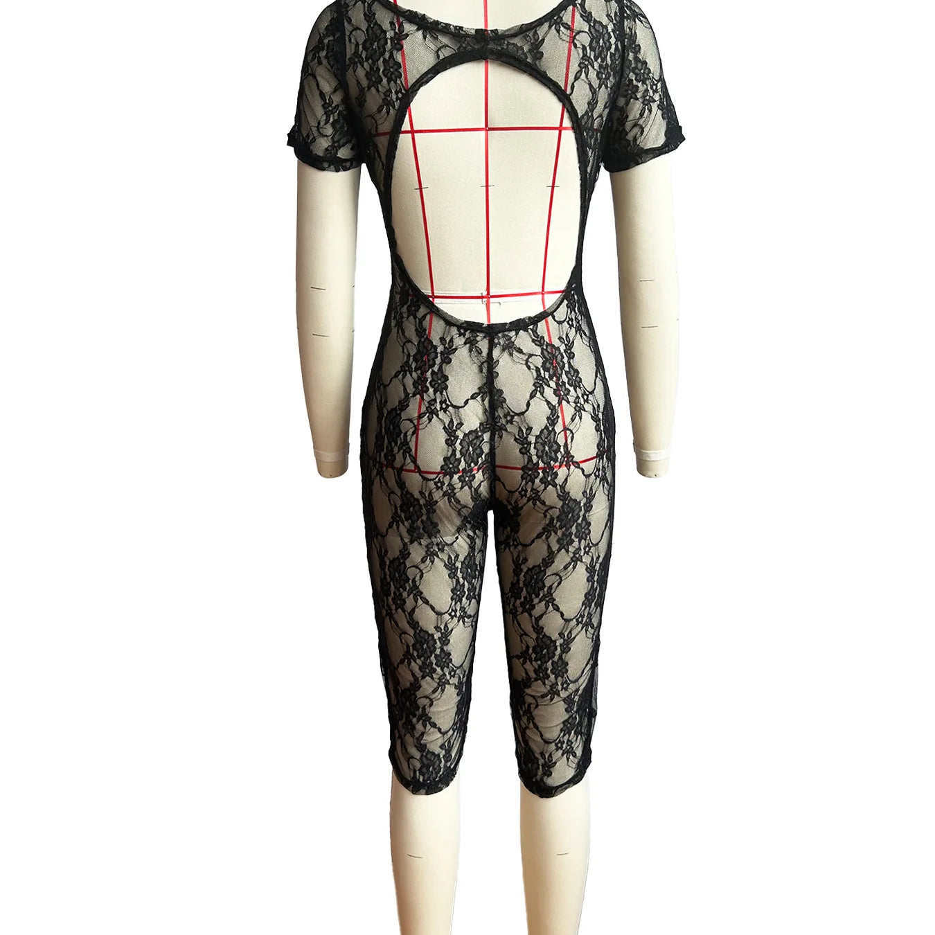 2024 Spring Short Sleeve Backless Women Lace Hollow Out Casual Rompers Playsuit Short Jumpsuits V-neck One Piece Outfits