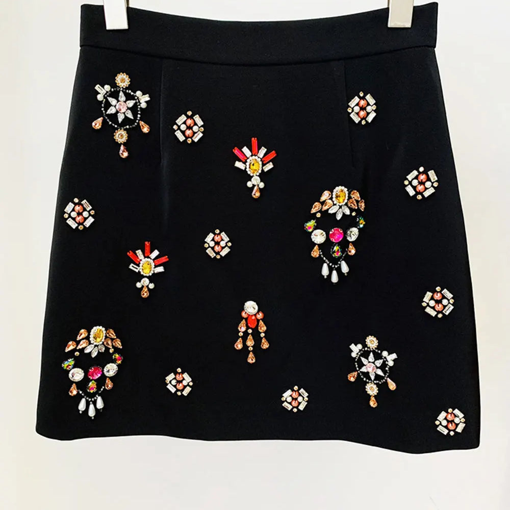 2024 New Elegant Women's Light Luxury Nail Bead Short Skirt Set O-neck Long Sleeve Ultra Short Top+Mini Skirt Two piece Set