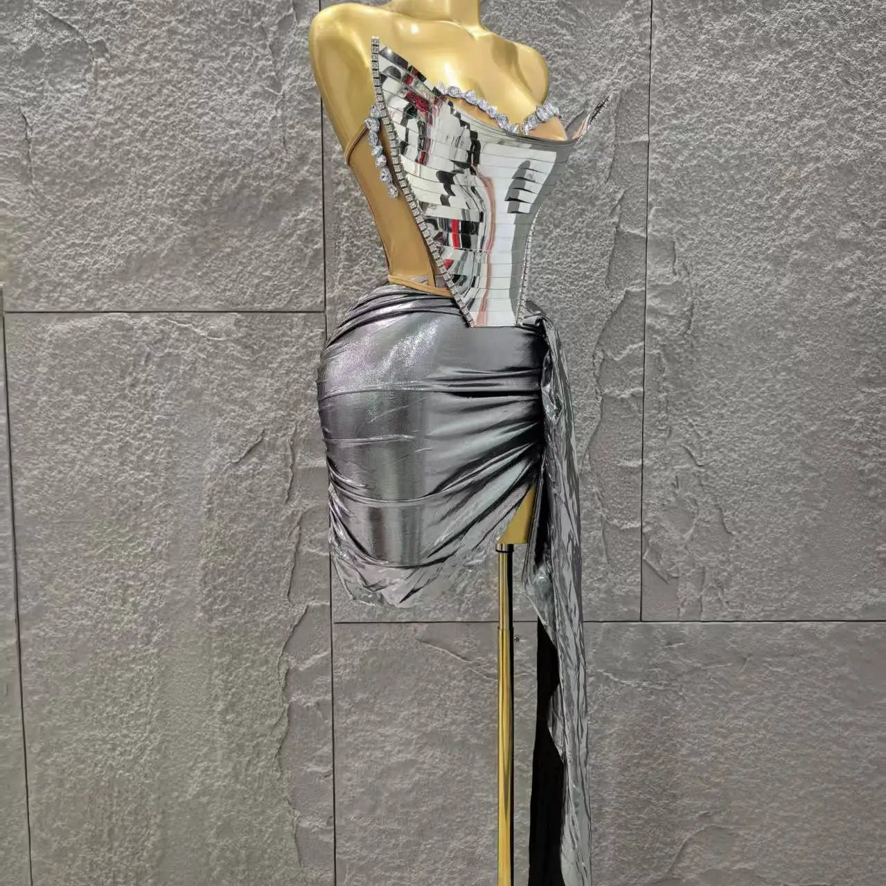 Gold Silver Color Women Sexy Strapless Shinning Crytsal 2 Pieces Bodycon Mini Dress Celebrate Nightclub Party Birthday Wear