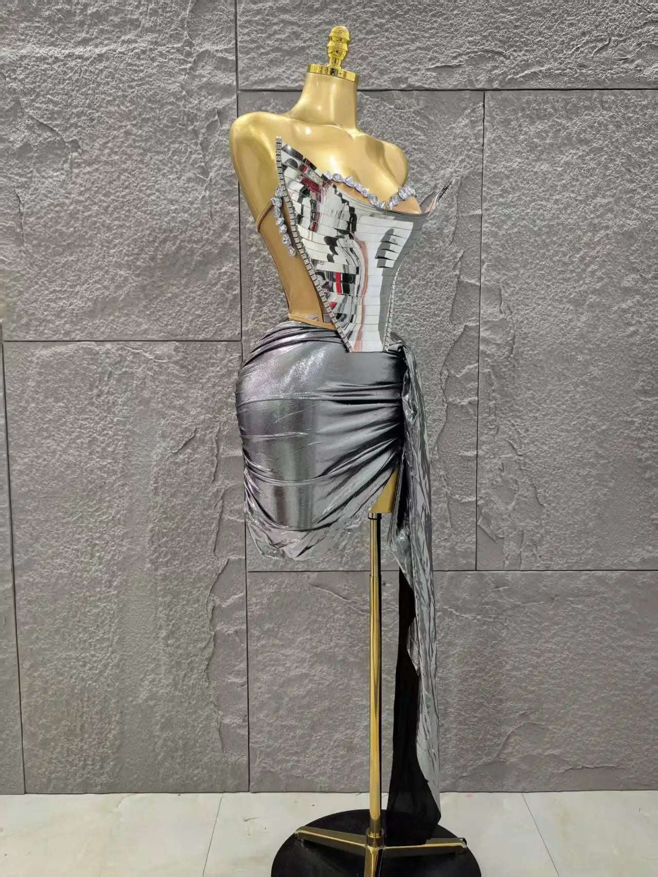 Gold Silver Color Women Sexy Strapless Shinning Crytsal 2 Pieces Bodycon Mini Dress Celebrate Nightclub Party Birthday Wear