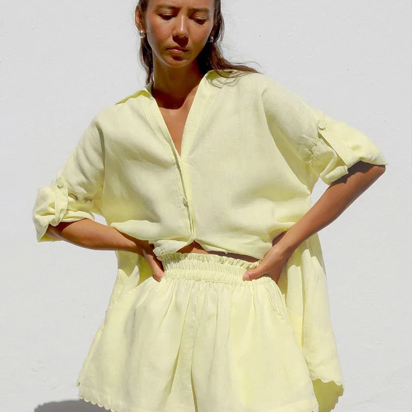 Clacive Casual Loose Orange Cotton 2 Piece Sets Women Outfit Fashion Long Sleeve Shirt With High Waist Ruffle Shorts Set Yellow